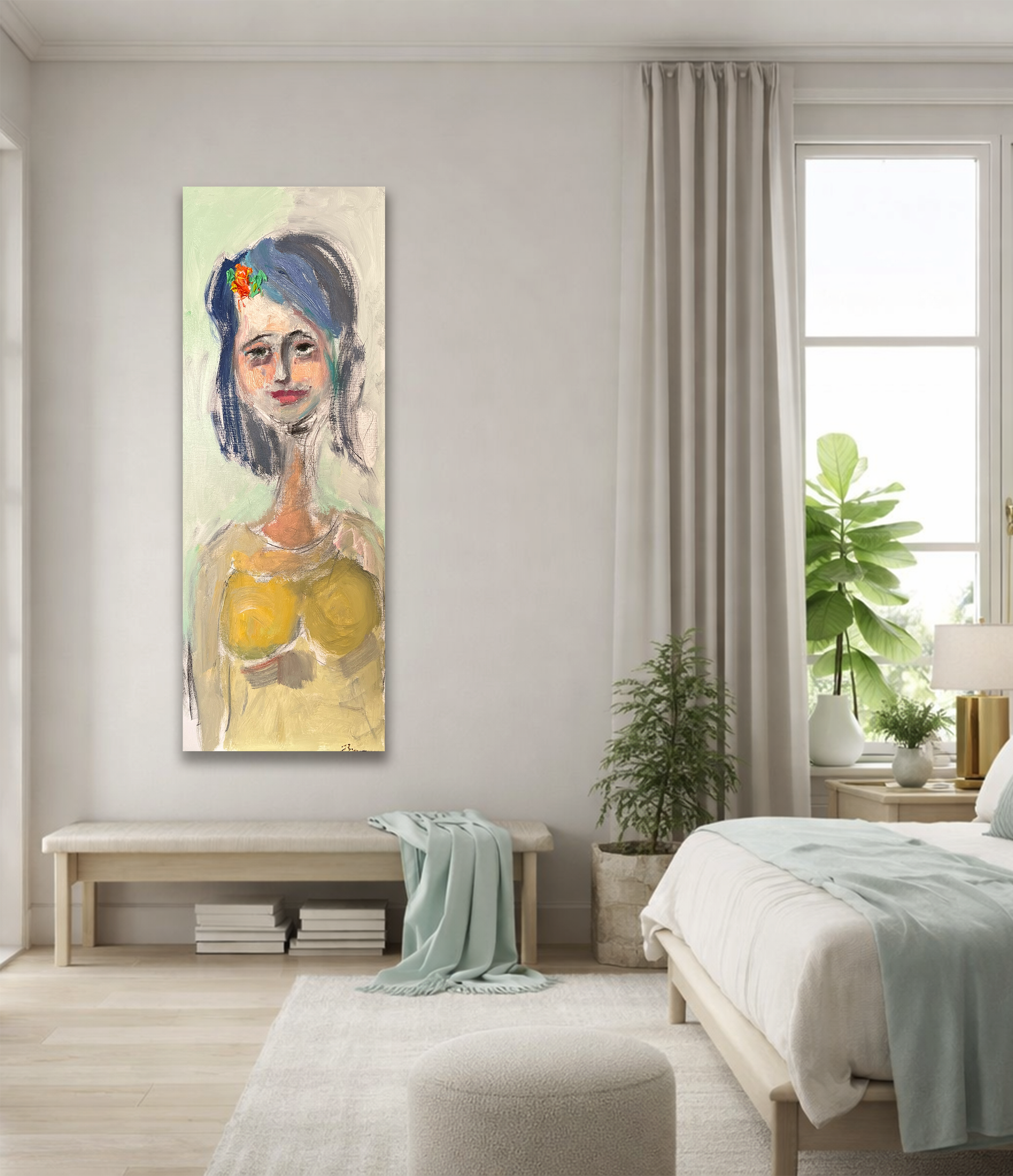 Modern bedroom with neutral decor featuring a large abstract portrait of a blue‑haired figure hanging above a wooden bench.