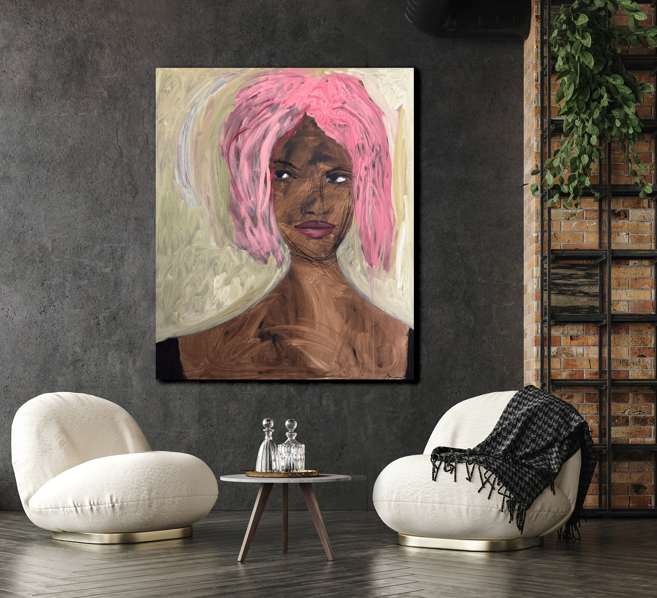 Contemporary living room with bold portrait artwork, white lounge chairs, and industrial design accents.