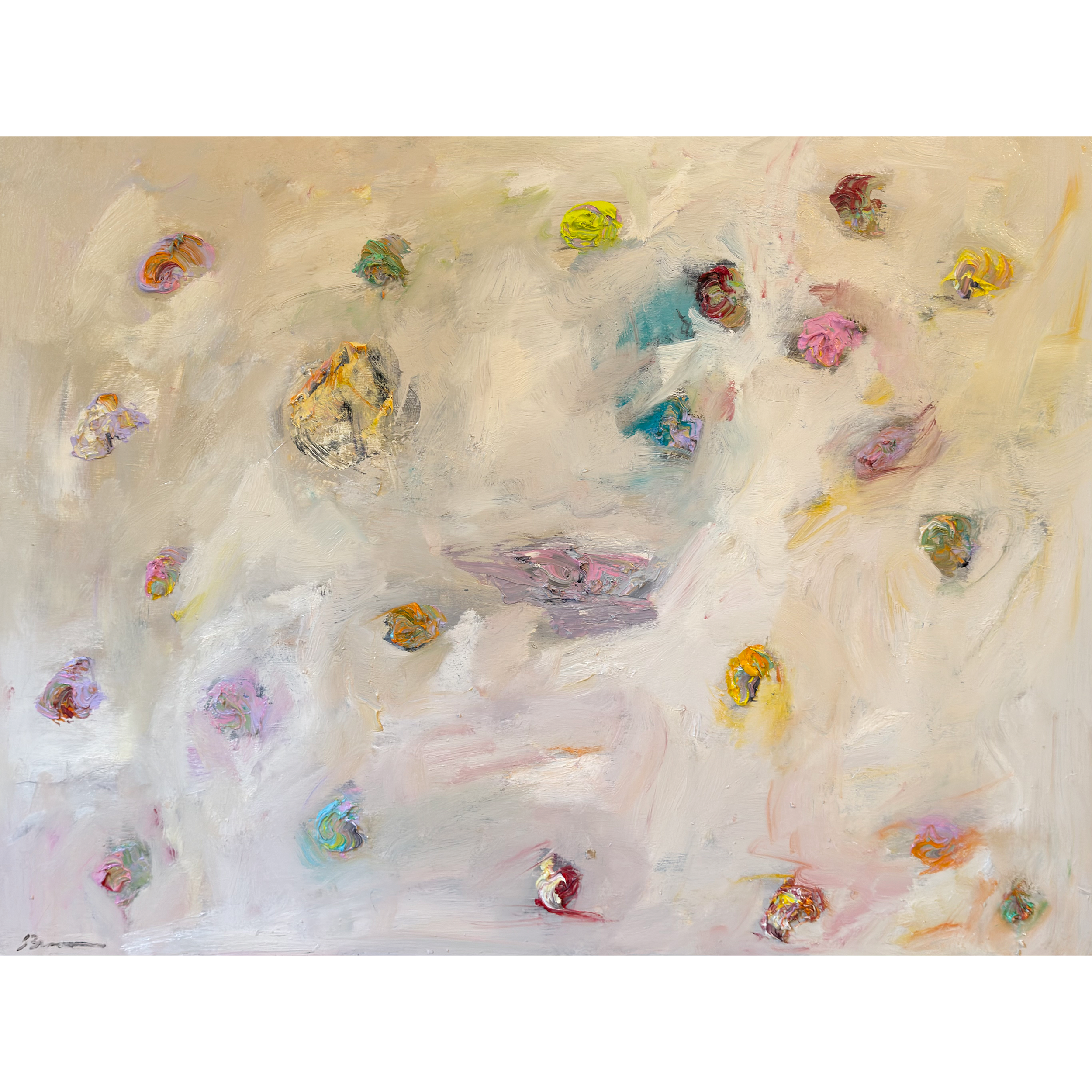 Abstract painting with a light background and scattered textured strokes of pink, yellow, green, blue, and purple.