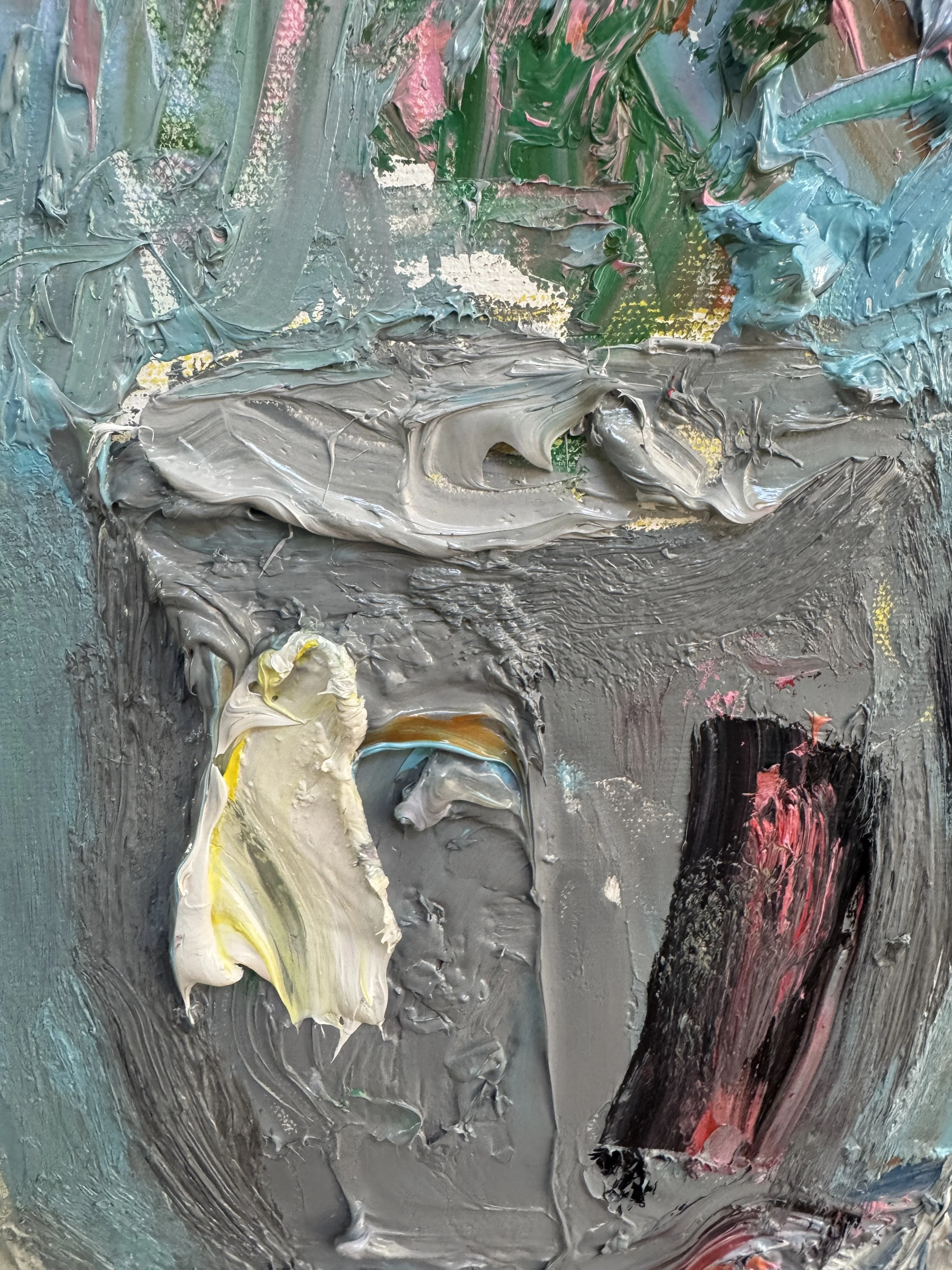 Close-up detail of Coral Crush by Bradford Brenner: textured gray vase against a turquoise and green ground, showing heavy palette-knife marks.