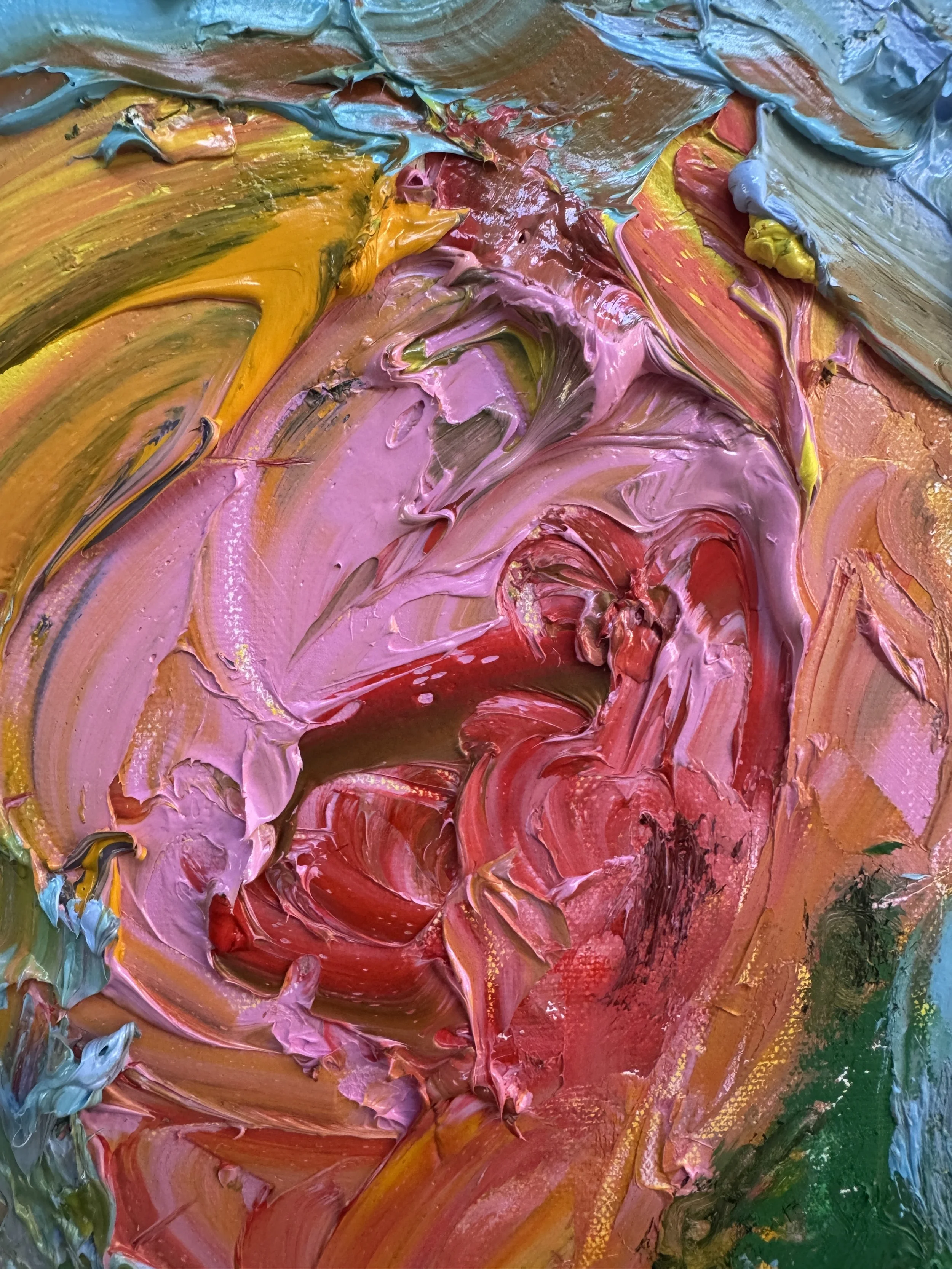 Close-up detail of Coral Crush by Bradford Brenner: thick pink and crimson impasto rose petals with gold and turquoise strokes.