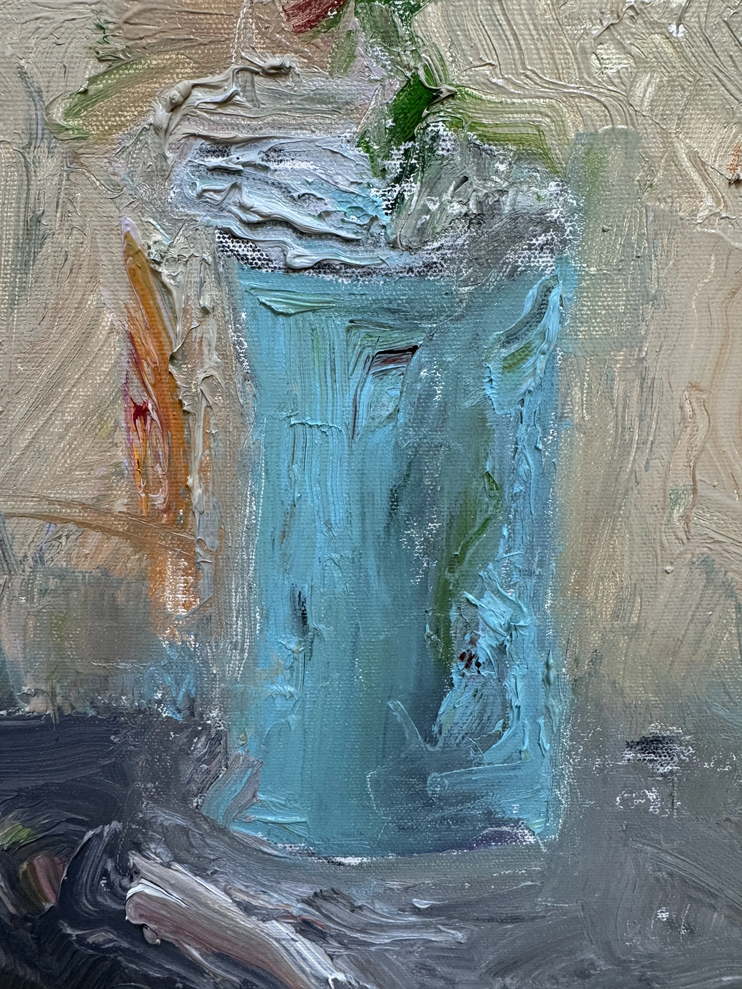 Close up of abstract oil paint featuring a turquoise rectangular form surrounded by beige, gray, and subtle green and orange strokes.