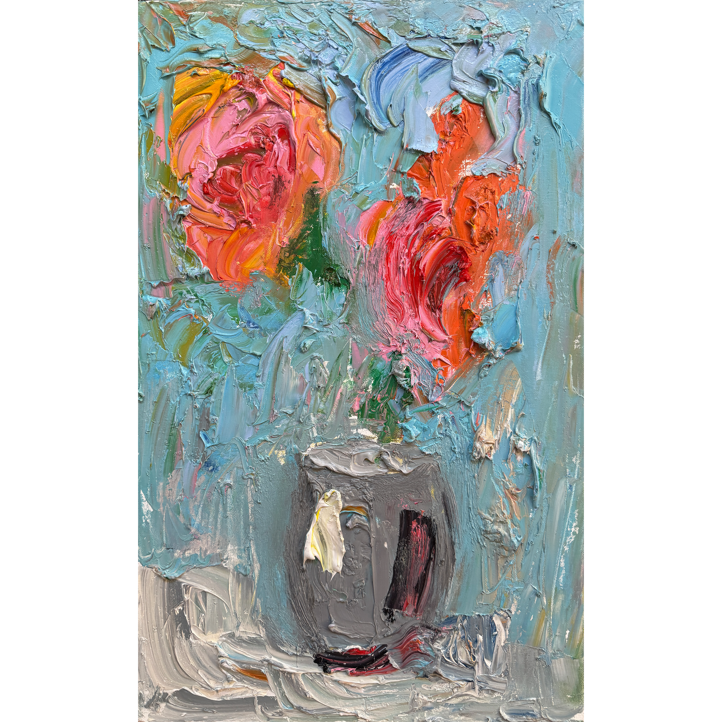 mpasto oil painting of coral-pink roses in a gray vase against a bright turquoise background, by Bradford Brenner.
