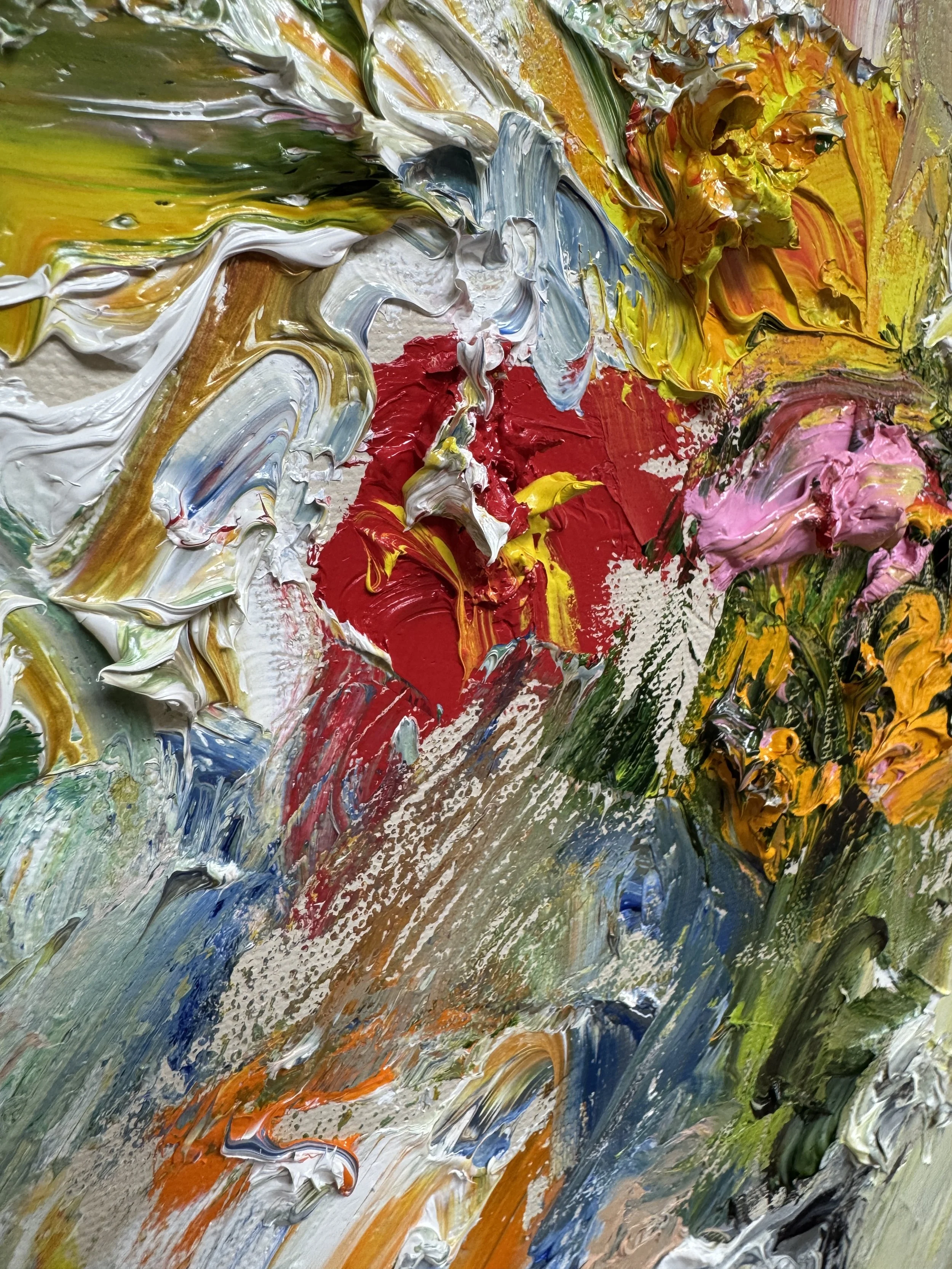 Textured abstract painting with layered strokes in vibrant mixed colors.