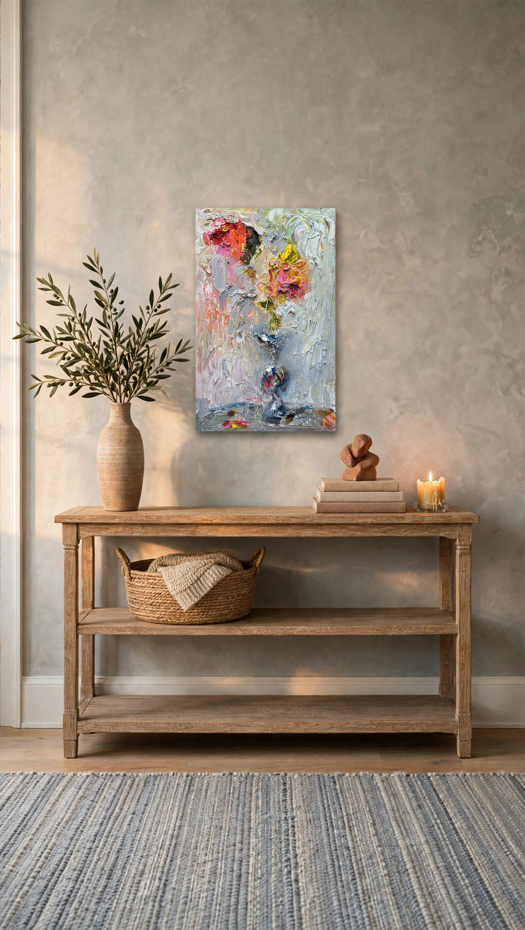 After the Rain, oil painting by Bradford Brenner, above a rustic wood console with olive branches and a lit candle.