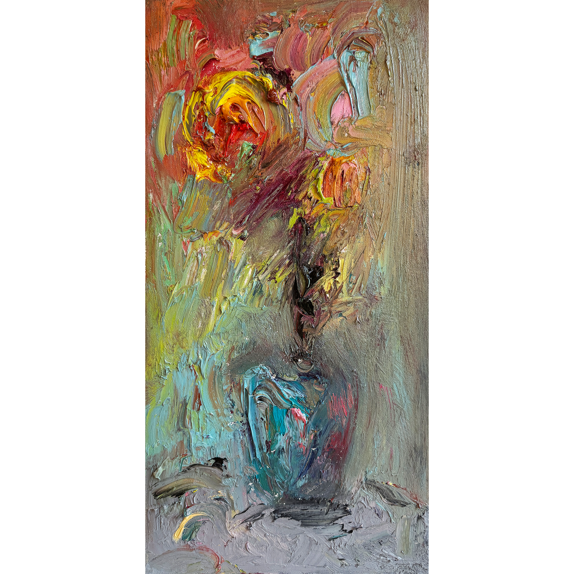 Vibrant abstract floral painting with bold red, yellow, and blue brushstrokes; expressive oil on canvas artwork by Bradford Brenner celebrating movement, emotion, and color.