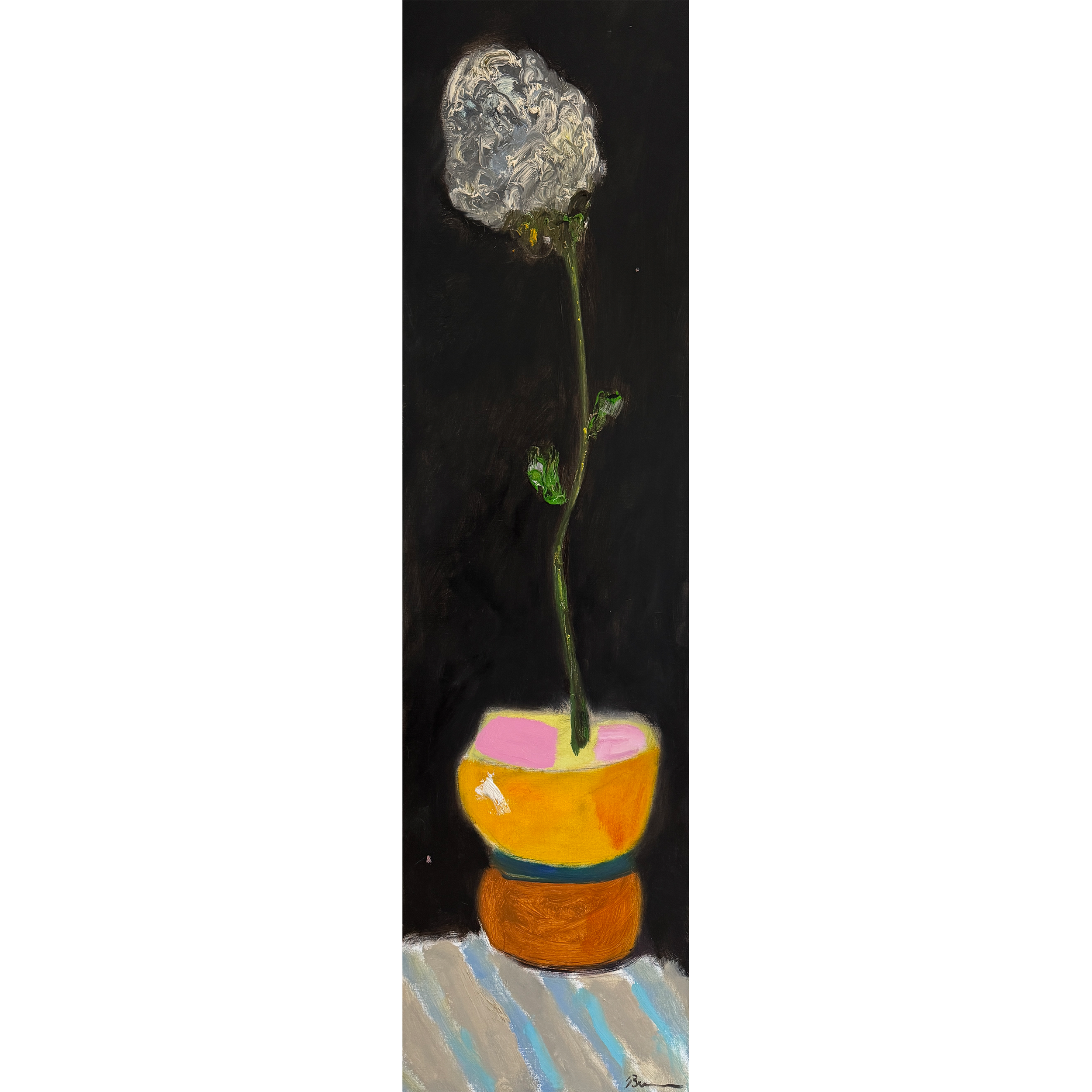 Abstract still life painting of a single white bloom in a colorful pot on a striped surface against a dark background, expressive brushstrokes by artist Brad Brenner.