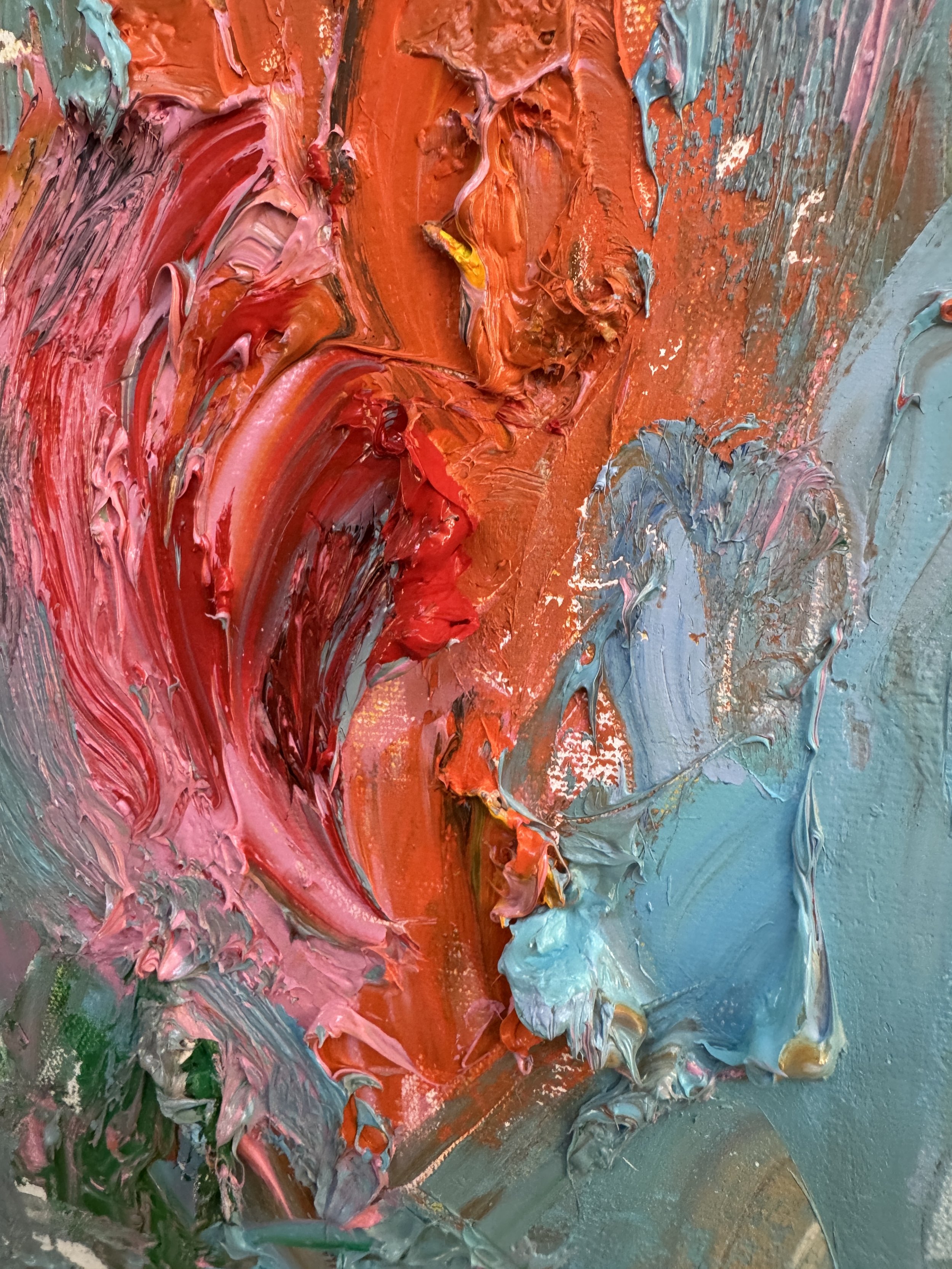 Close-up detail of Coral Crush by Bradford Brenner: swirling red and coral impasto forming a rose bloom, with turquoise accents at the edges.