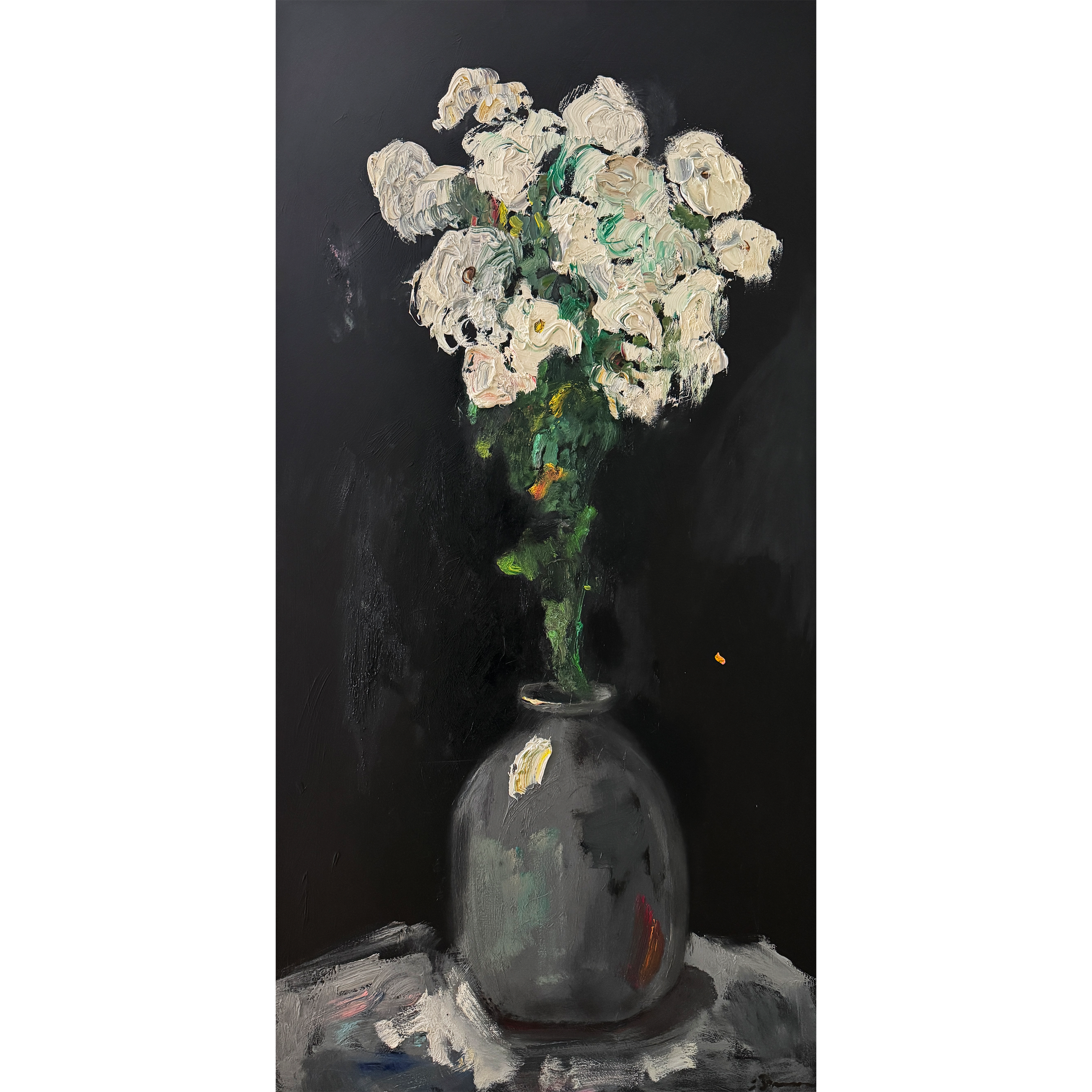 Painting of a dark vase filled with bright white flowers, painted with thick textured brushstrokes against a deep, moody background.