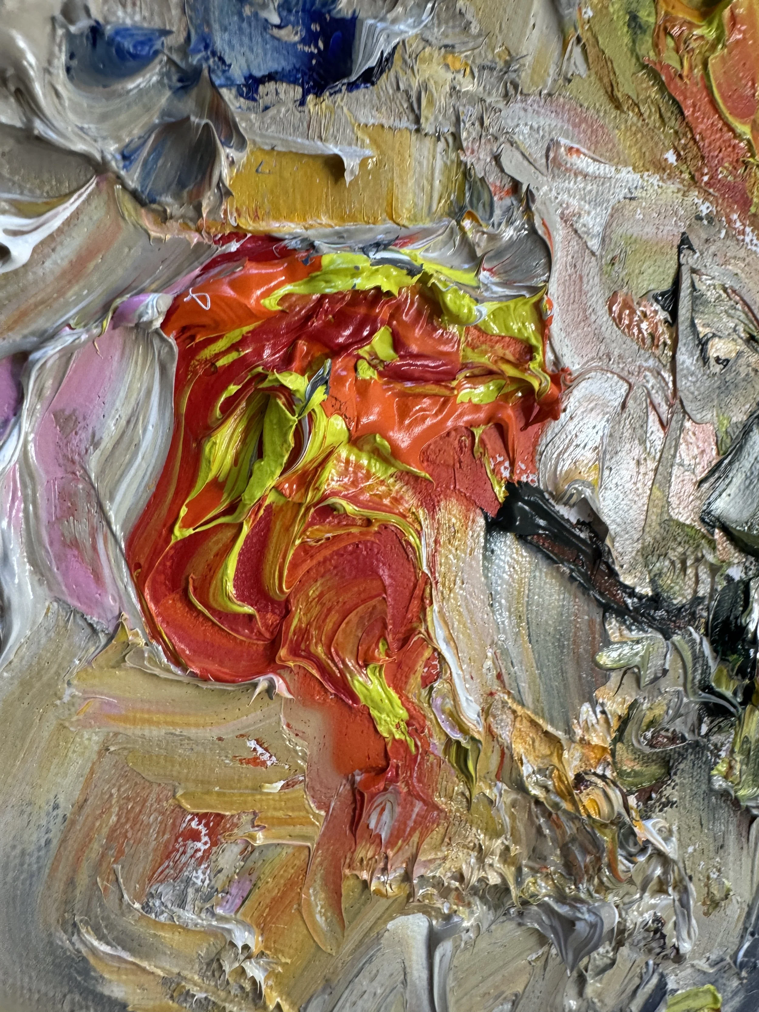 Textured abstract oil painting with vivid warm tones surrounded by muted neutrals.