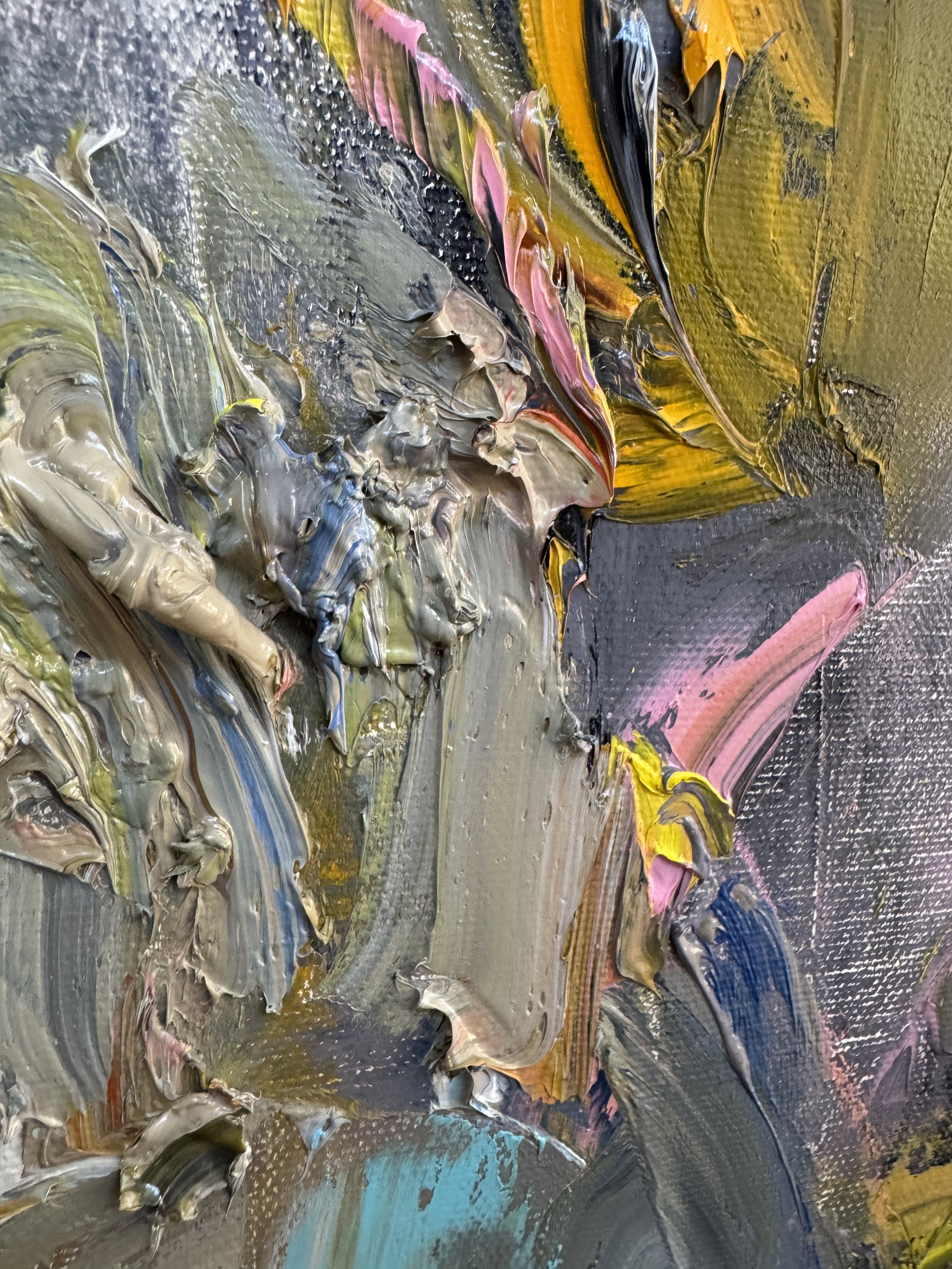 Close-up detail of Roses After Dark by Bradford Brenner: abstract swirls of gray, beige and blue impasto with touches of pink and gold.