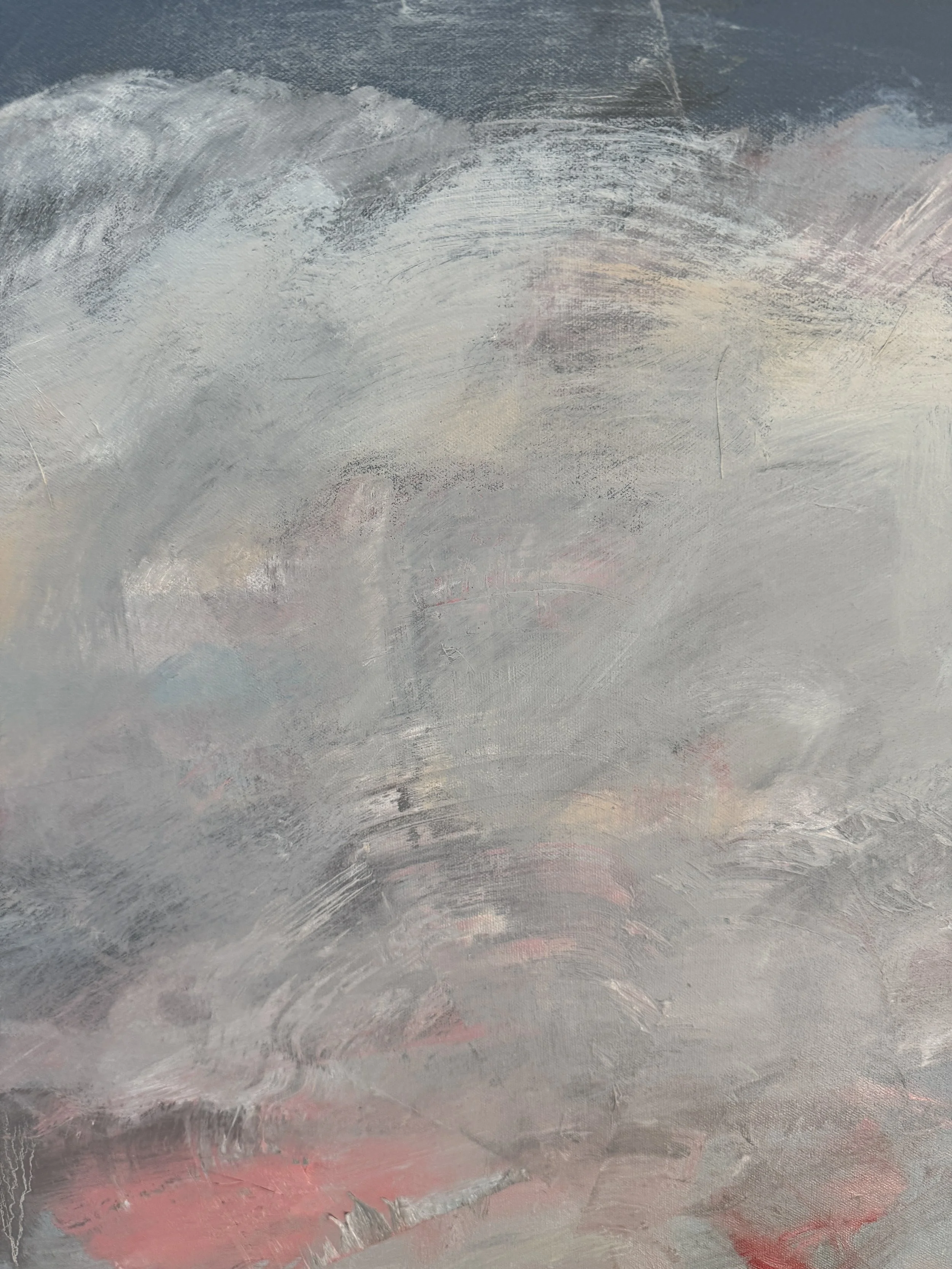 Abstract painting with swirling brushwork in gray, white, and red; translucent layers evoke movement and mood.