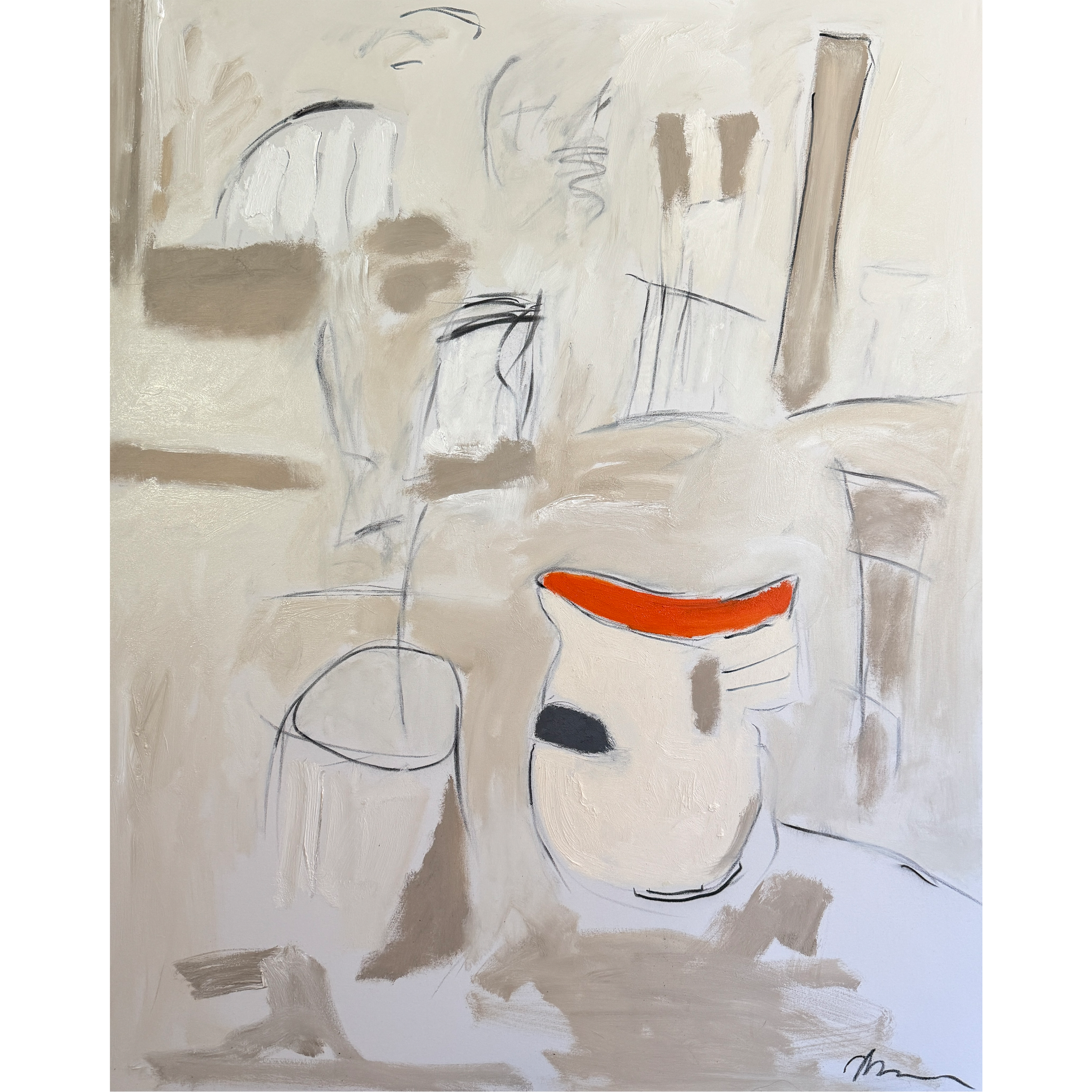 Minimalist abstract painting by Bradford Brenner with vessel‑like linework, warm neutral background, and a single orange accent, created in a modern, design‑forward style.