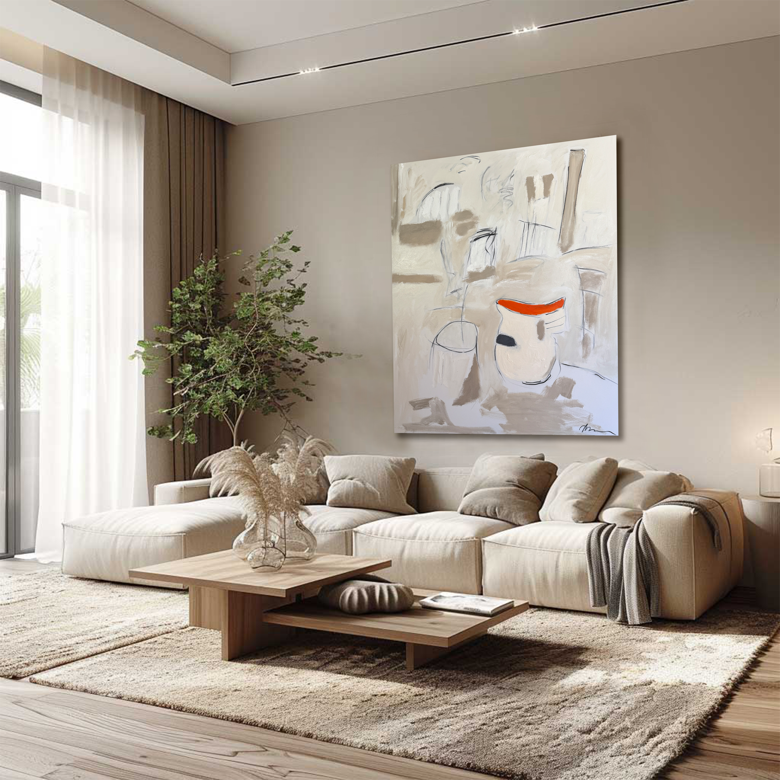 A modern neutral living room with a beige sectional sofa, wooden coffee table, and a large abstract painting in soft neutrals with a red accent hanging above the sofa.