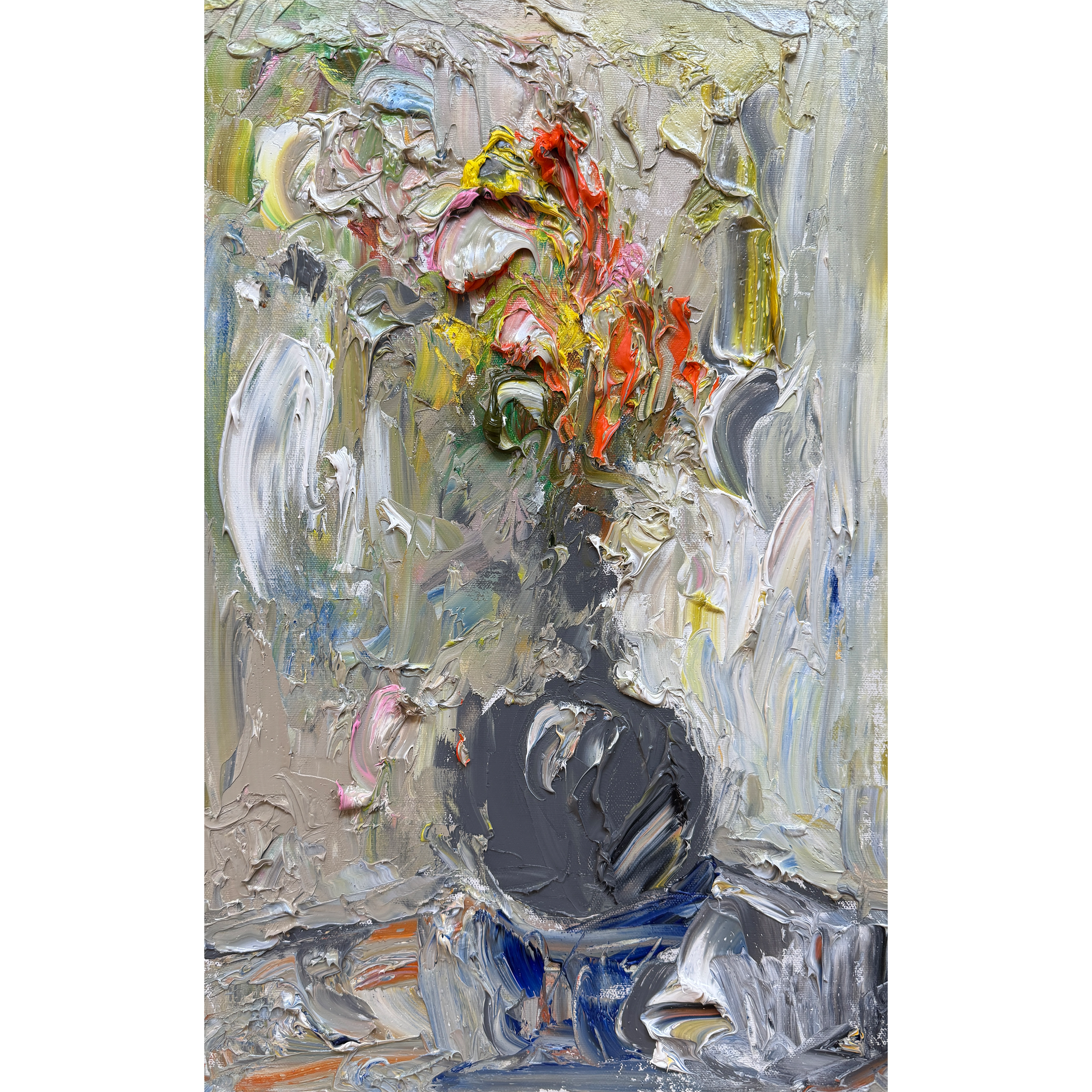 Abstract floral oil painting with thick textured strokes in neutral and vibrant colors.