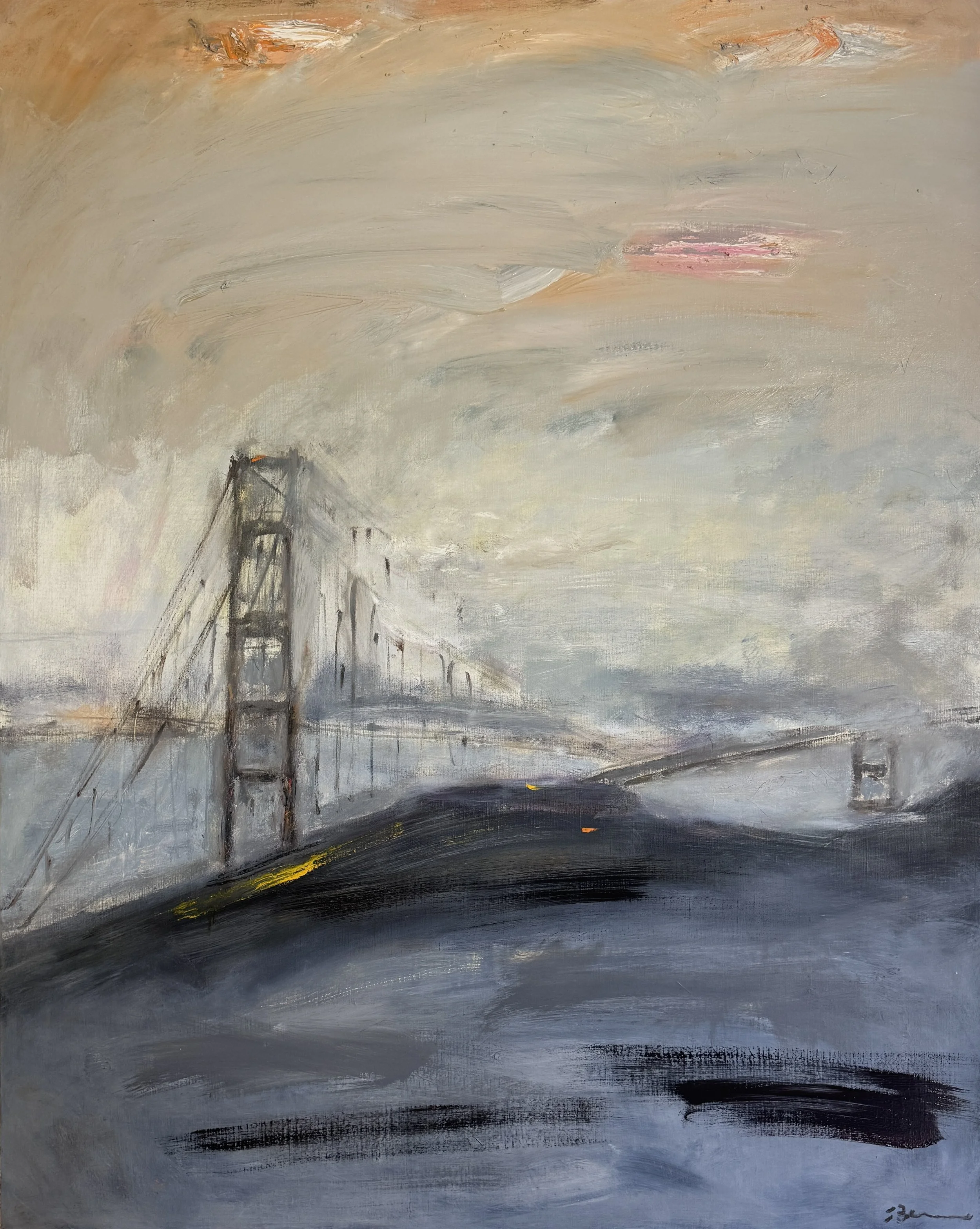 Abstract painting of a suspension bridge emerging through fog, with soft muted tones and expressive brushstrokes.