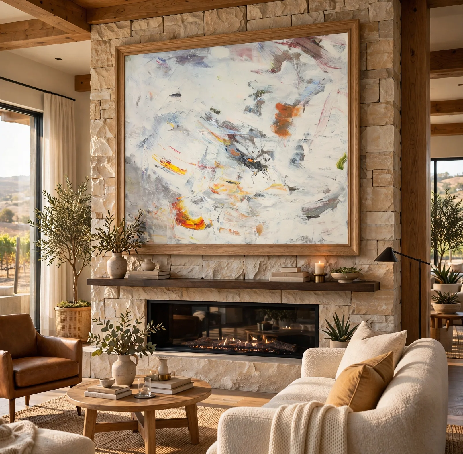 Warm, modern living room with a large abstract painting mounted above a stone fireplace, surrounded by neutral furniture, plants, and natural light from tall windows.