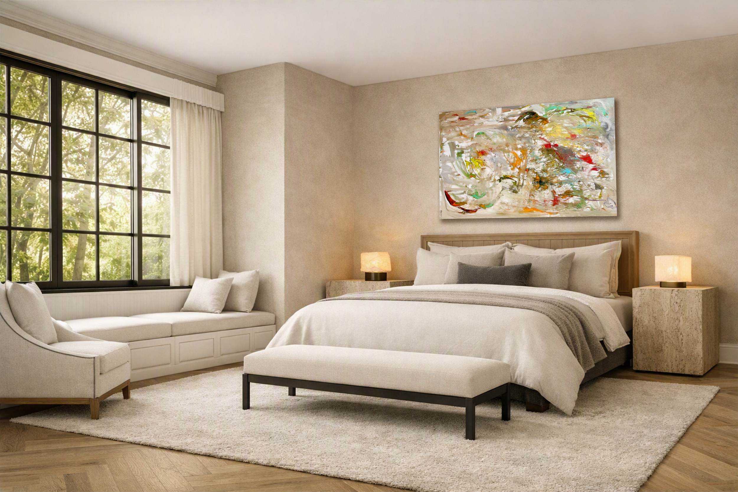 Colorful abstract oil painting "Whirlwind of Whimsy" installed above a bed in a bright neutral bedroom.