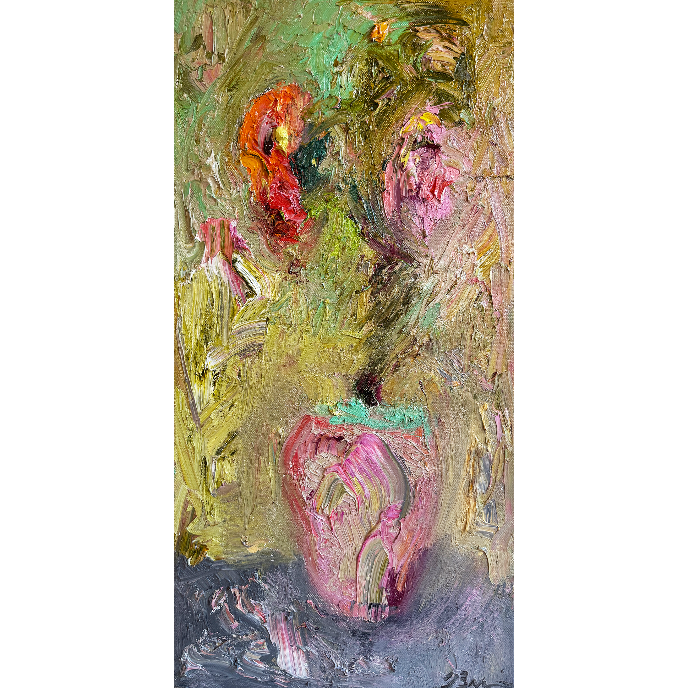 Textured abstract painting with pink vase and red floral forms; expressive oil artwork by Bradford Brenner evoking joy and movement.