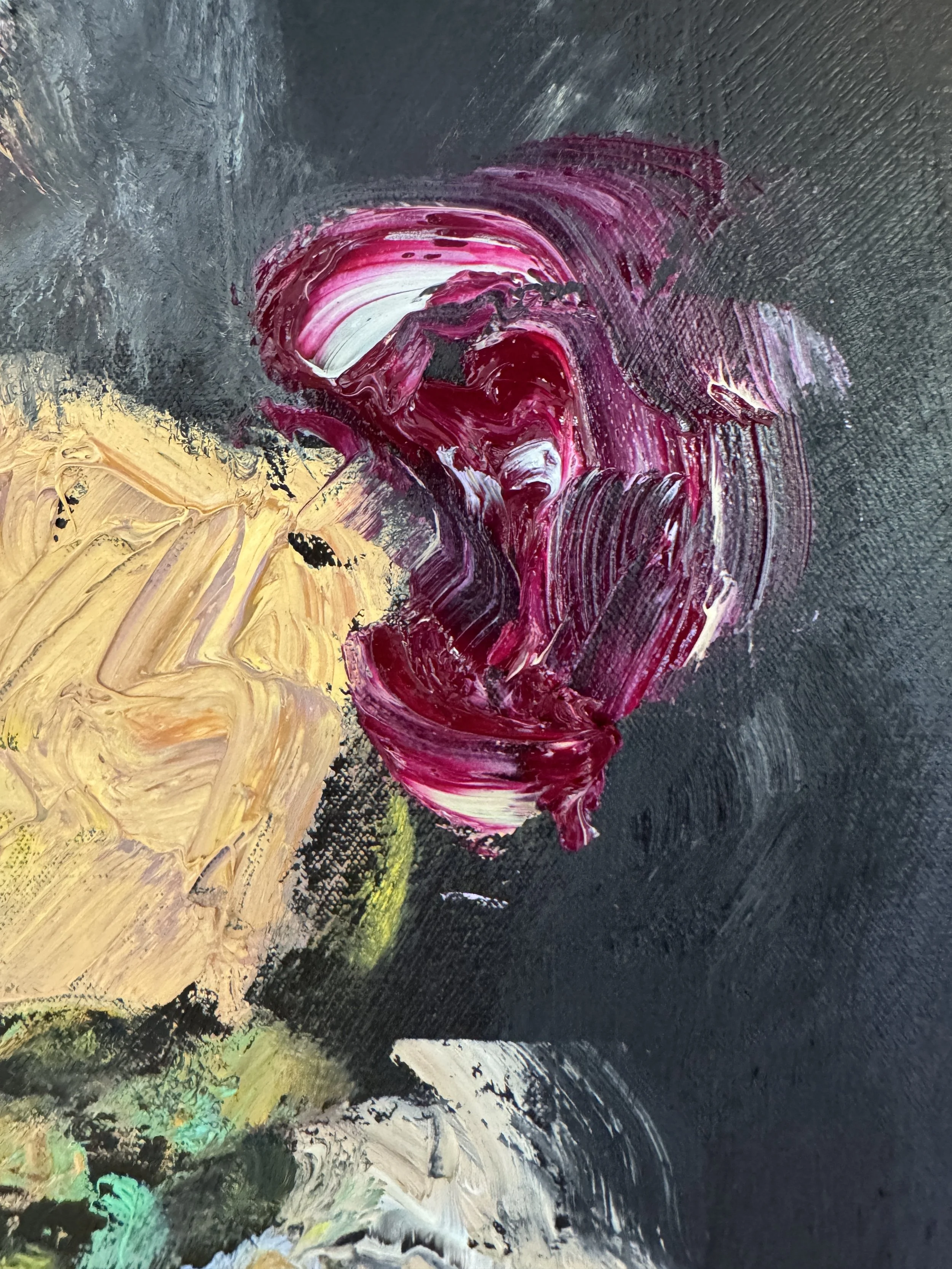Close‑up of thick magenta, white, beige, yellow, and green oil paint strokes layered in expressive, textured patterns.