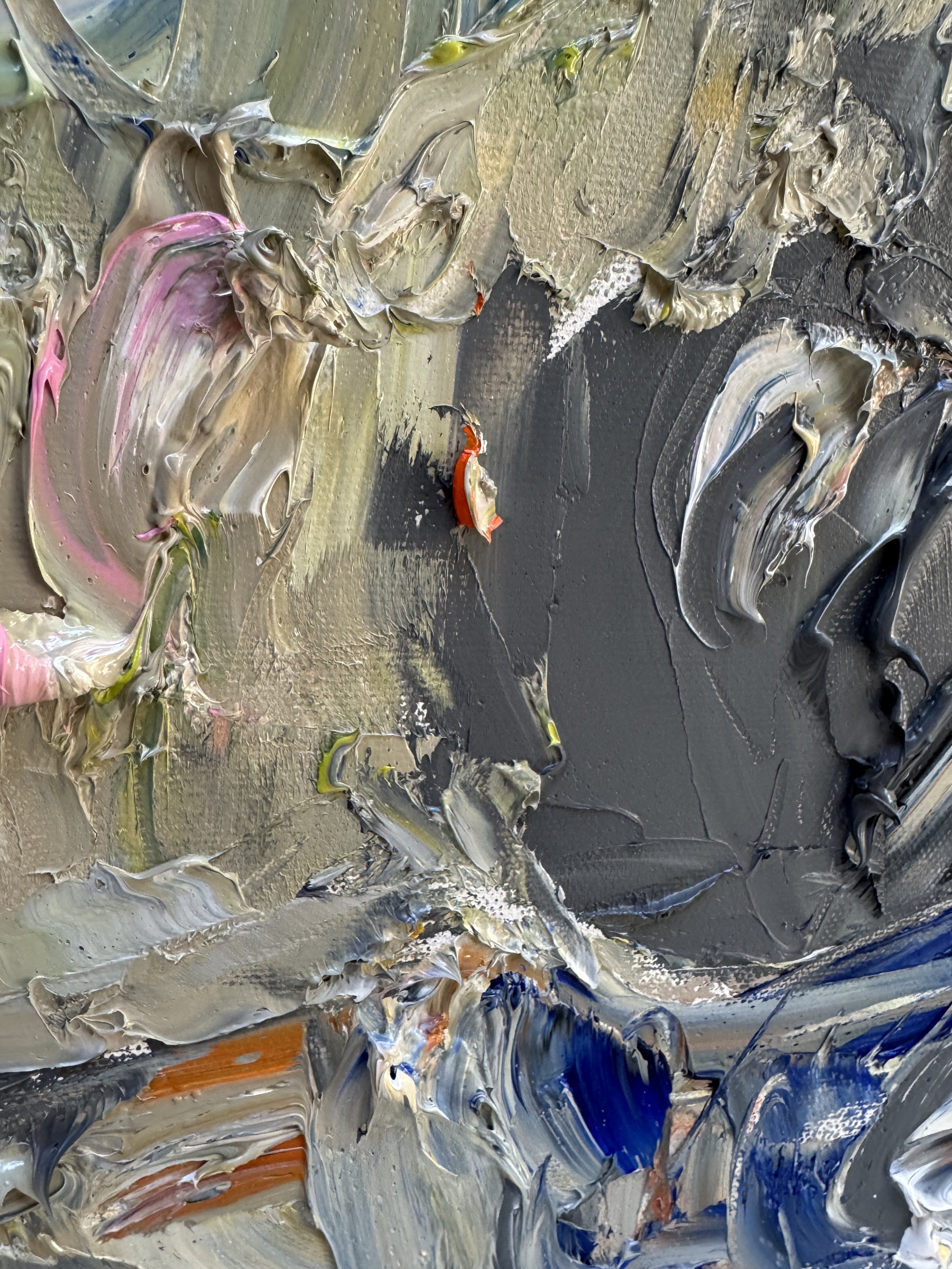 Textured abstract oil painting with layered impasto strokes in soft neutral and pastel tones.