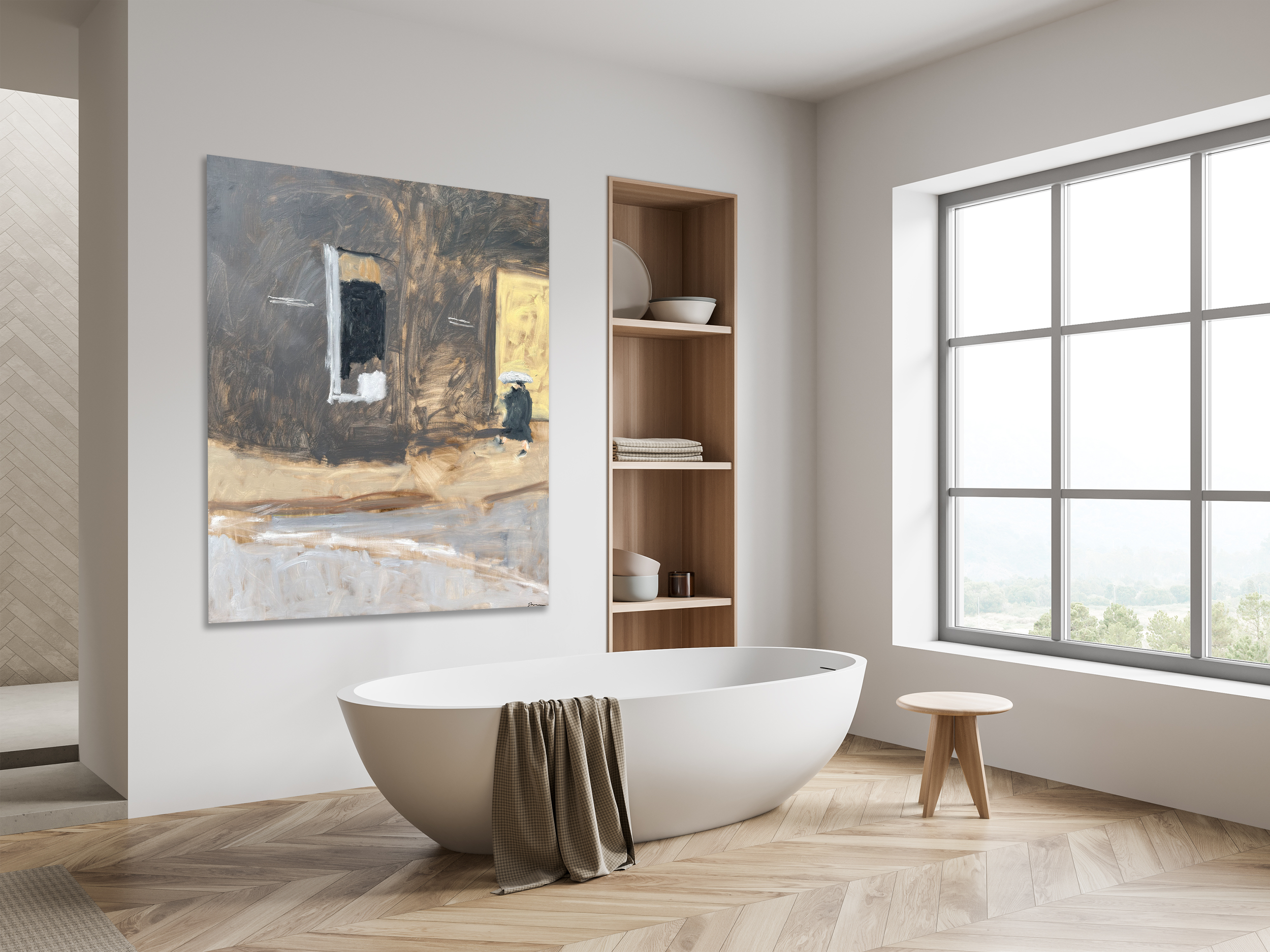 A modern bathroom with a freestanding tub, wood shelving, and an earthy abstract painting on the wall.