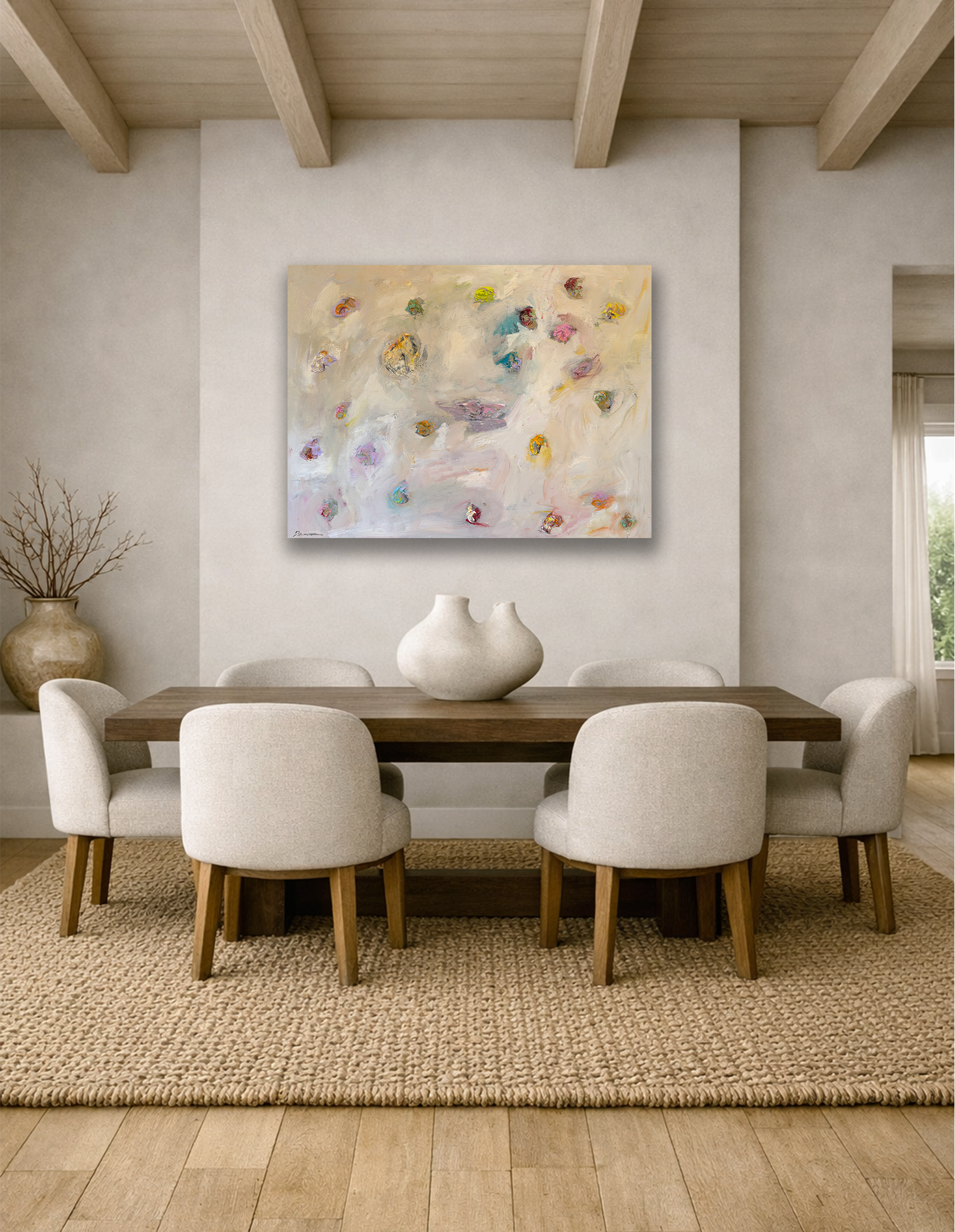 Minimalist Sonoma‑modern dining room with a wooden table, six beige upholstered chairs, and two matte ceramic vases under exposed wood beams.