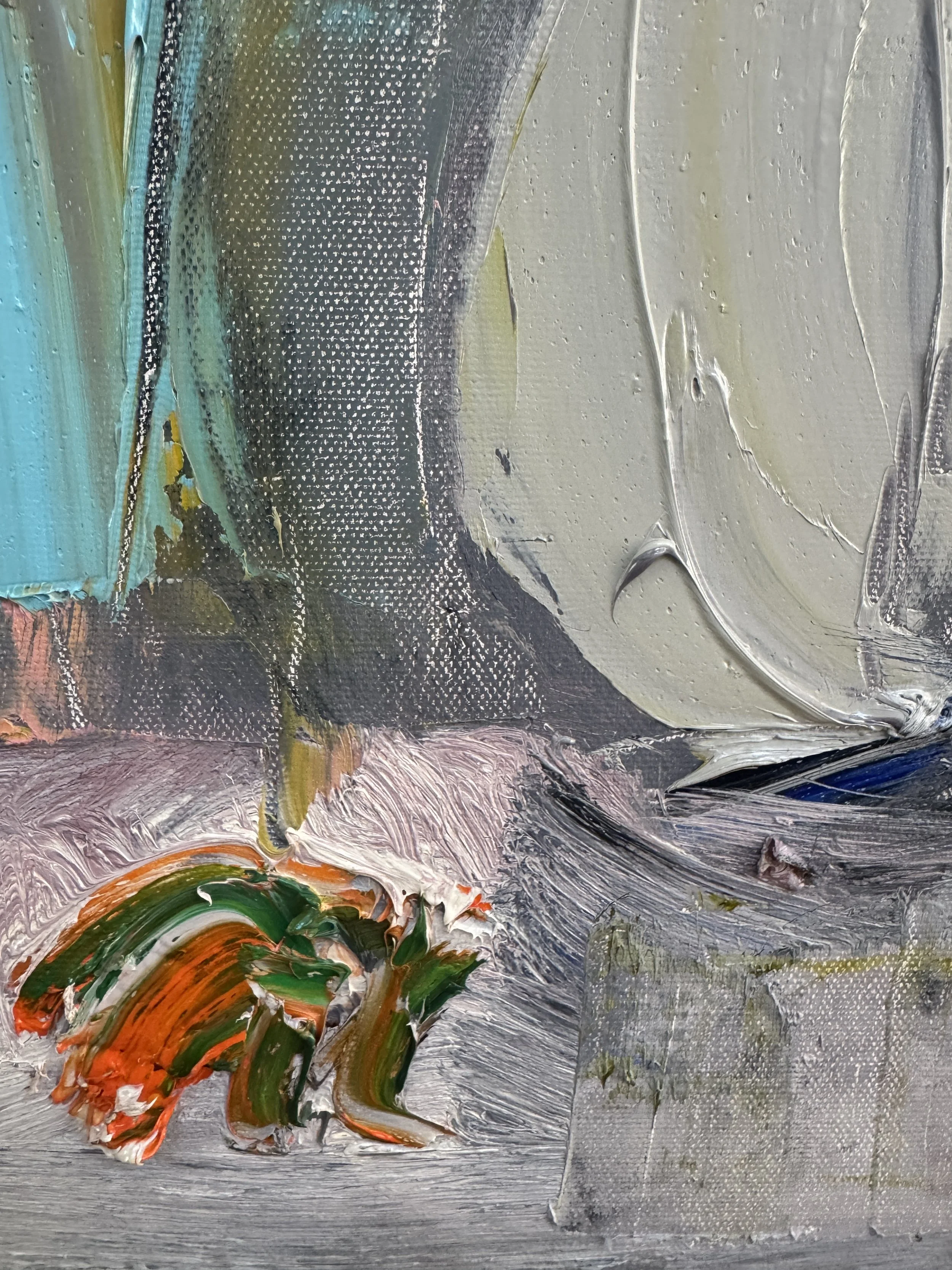 Close-up detail of Roses After Dark by Bradford Brenner: textured gray vase base with a small orange-and-green accent bloom, showing heavy palette-knife texture.