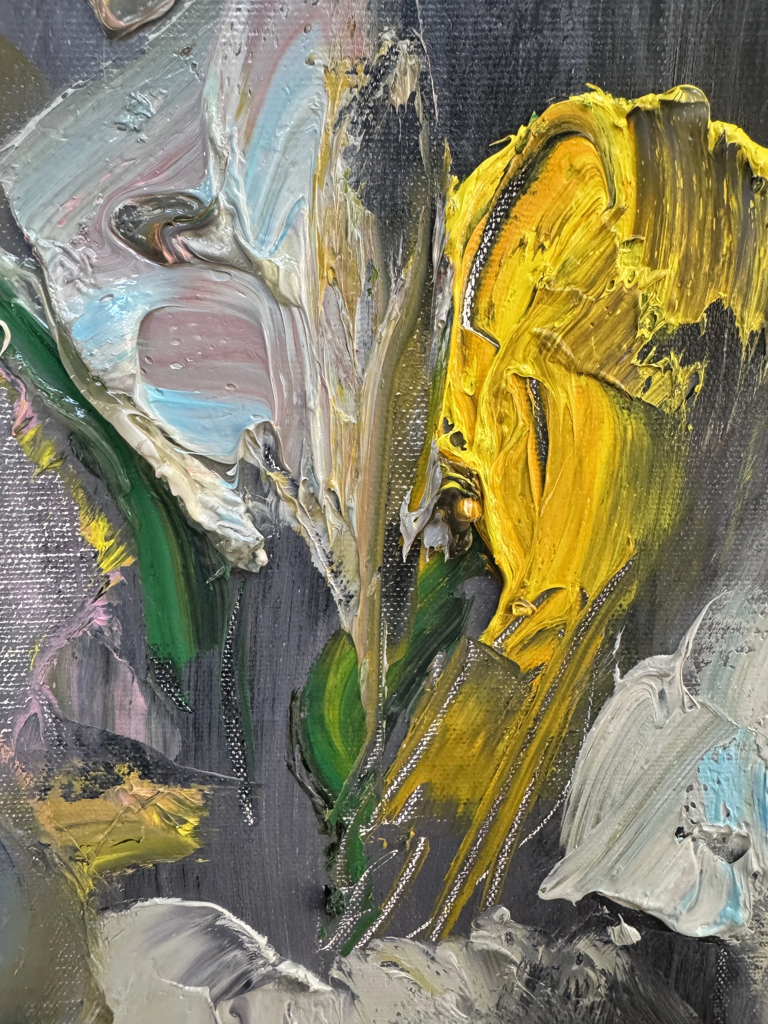 Close-up detail of Roses After Dark by Bradford Brenner: thick impasto strokes forming a yellow rose, with swirling white, blue and pink paint on a dark ground