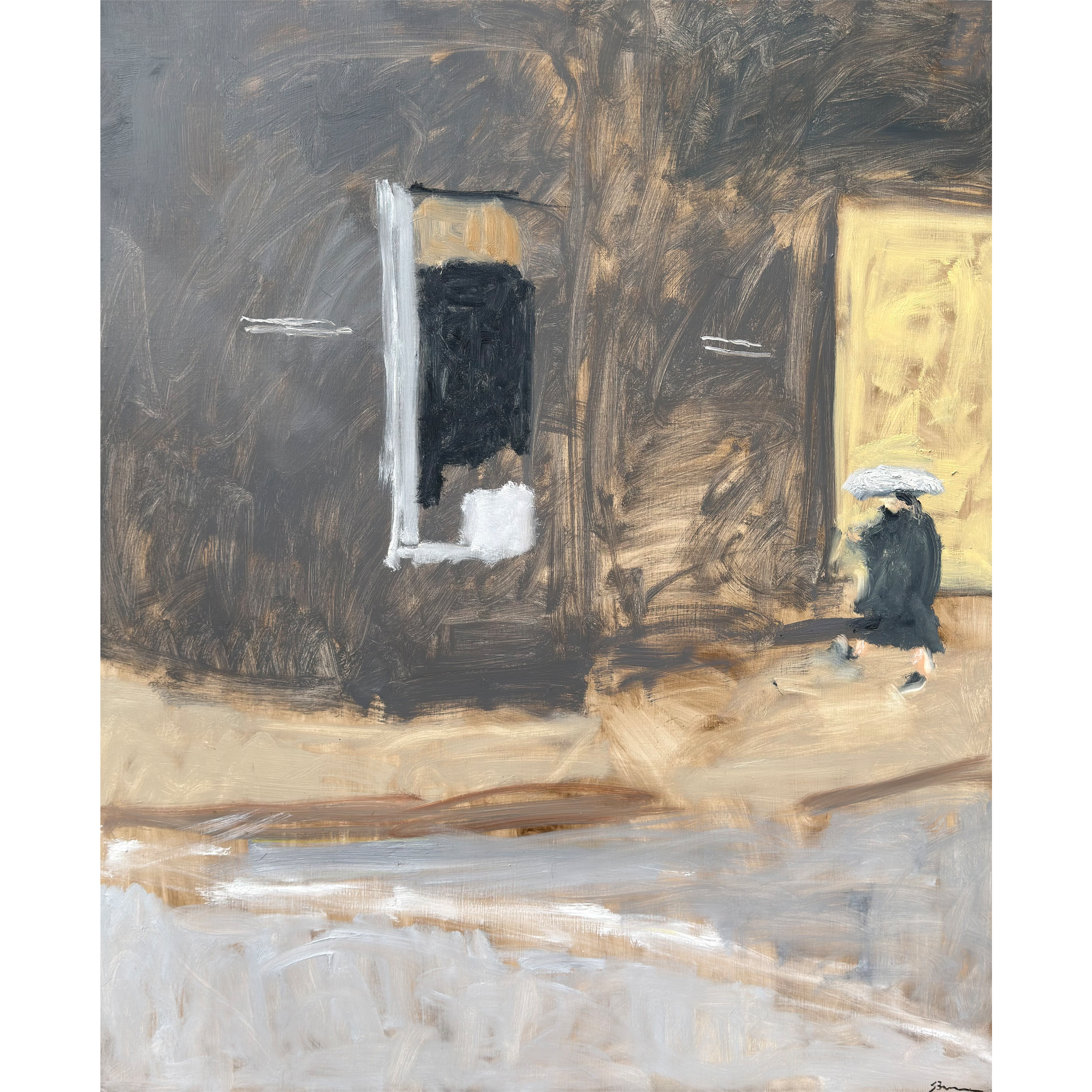 Abstract figurative painting by Bradford Brenner depicting a lone figure with a white umbrella walking through a rainy urban street.