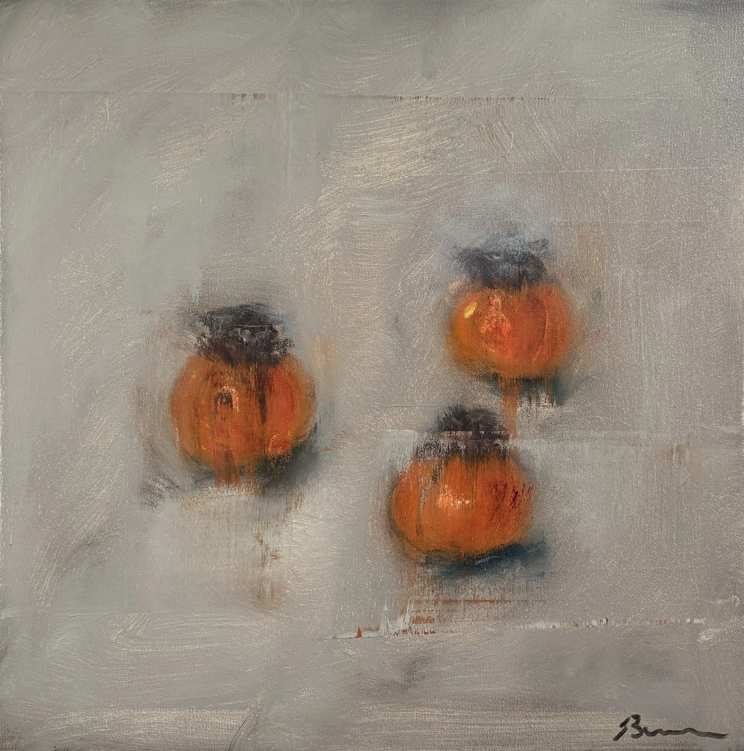 Three abstract persimmons painted in soft orange tones against a textured gray background, with expressive brushwork and a dreamy, minimalist composition.