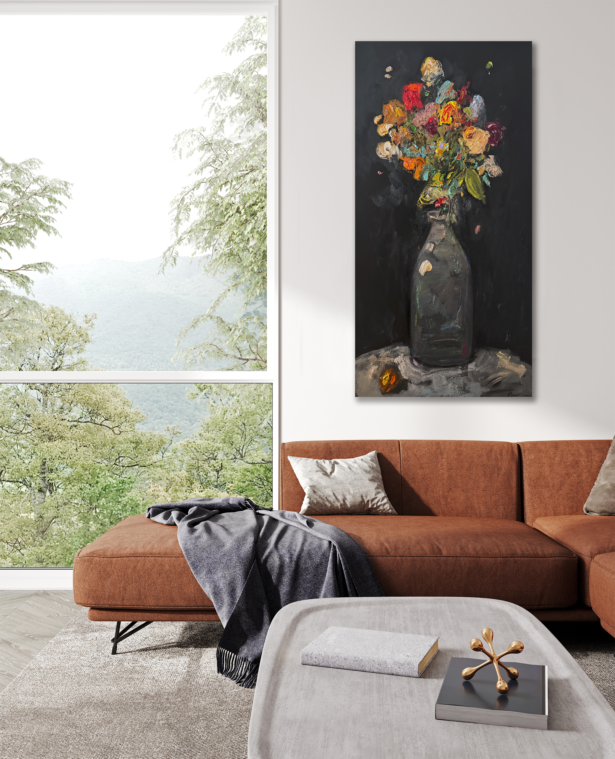 Modern living room with a large floral still‑life painting above a brown sectional sofa.