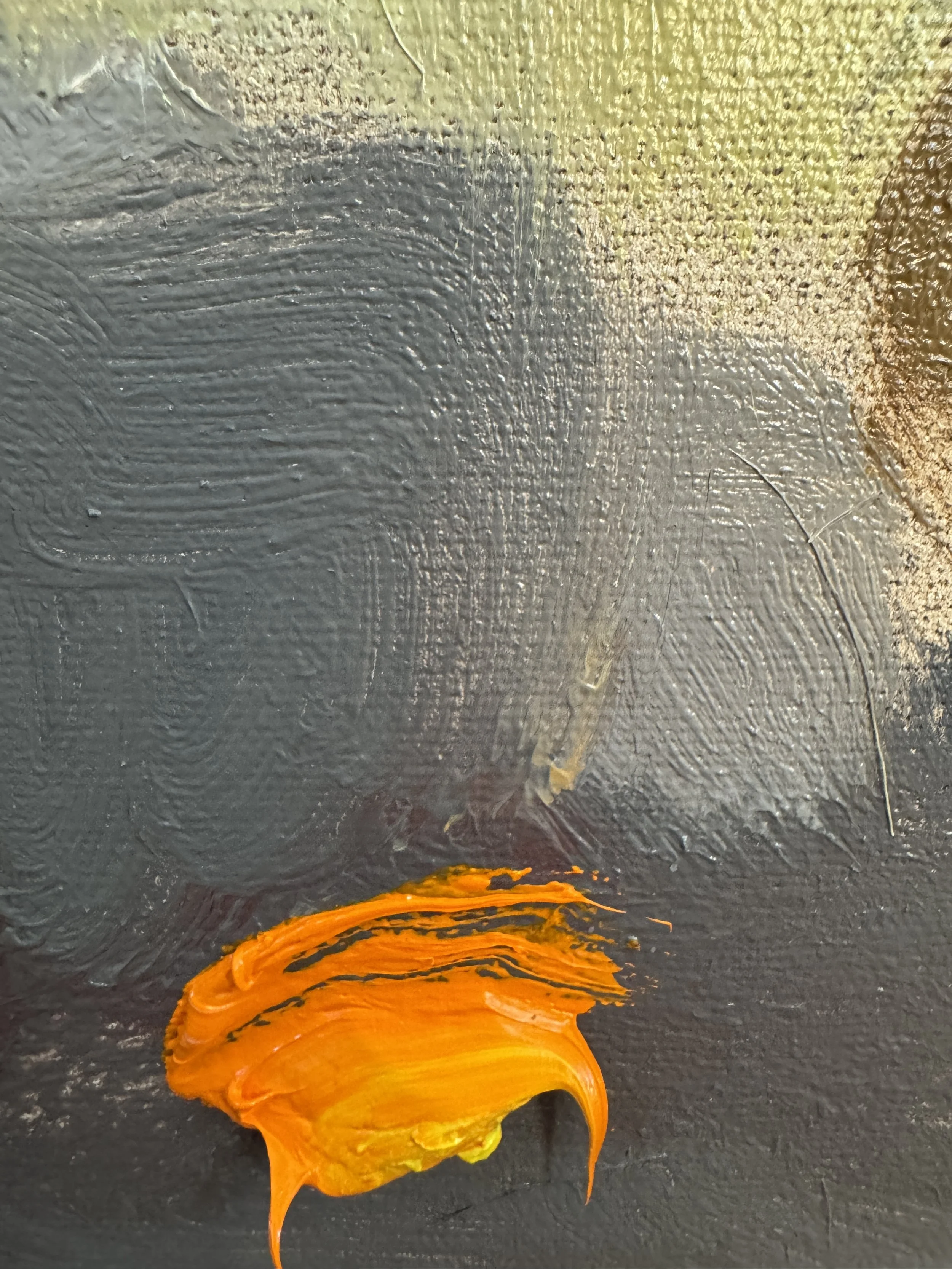 Close-up of textured abstract painting with vivid orange brushstroke on muted background.