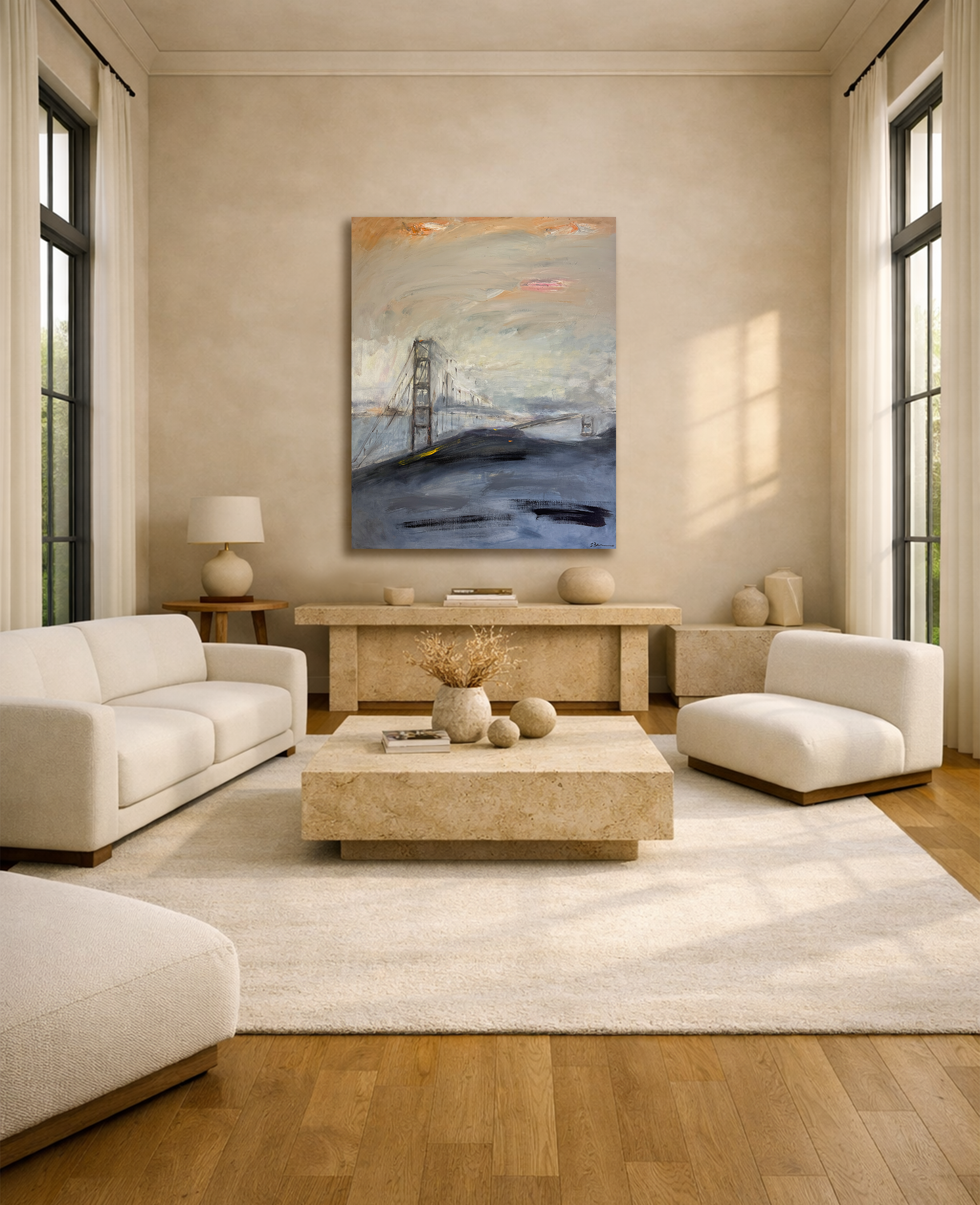 Modern living room with neutral furniture and natural light featuring a large abstract bridge painting hanging above a stone console table.