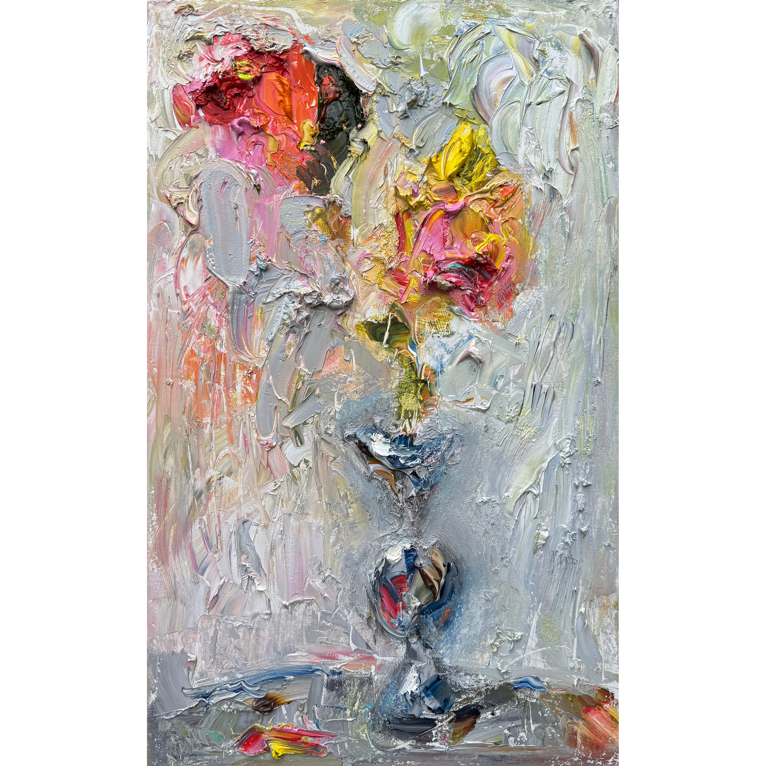 After the Rain, oil painting by Bradford Brenner — impasto roses in crimson, coral and gold rising from a silver-gray ground.