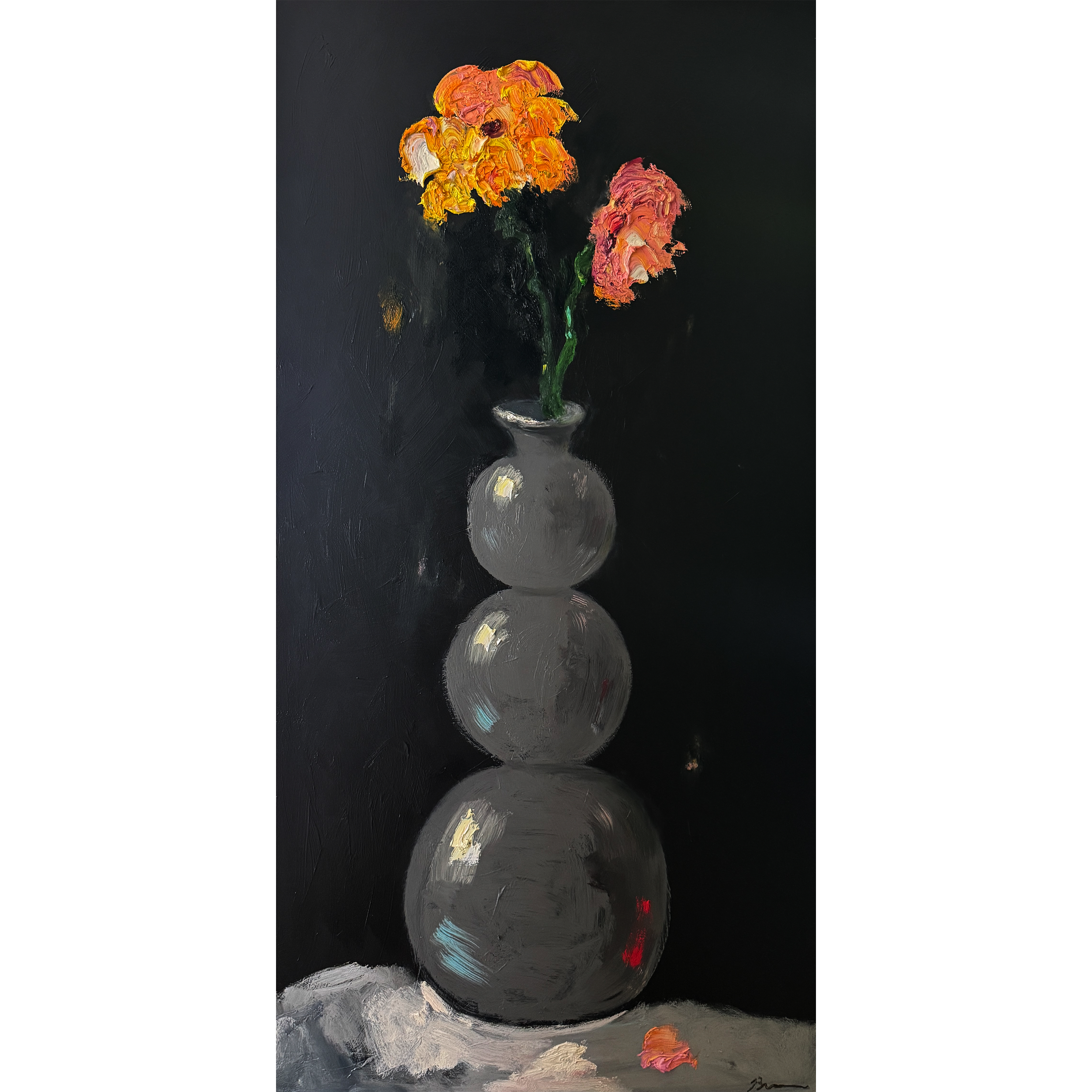 Painting of a stacked gray vase with two bright flowers against a dark background.