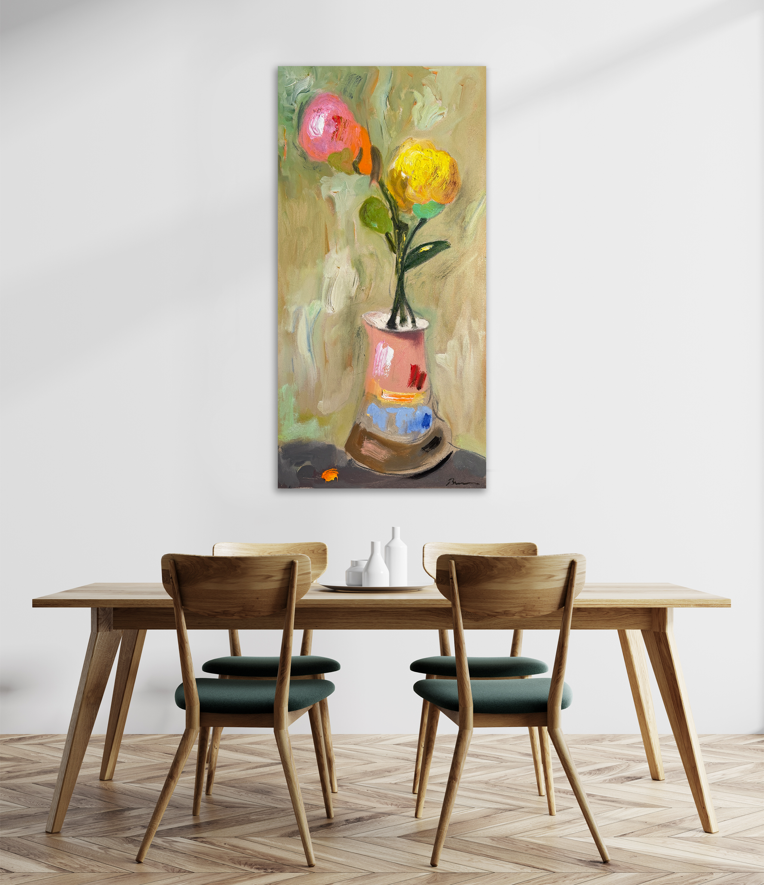 Abstract floral painting above modern dining table with green cushions; expressive brushstrokes and earthy tones.