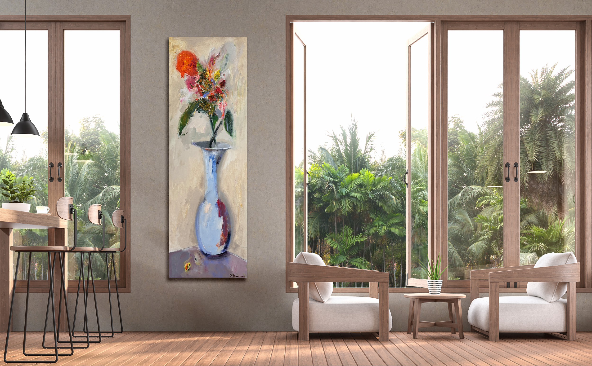 A modern living room with light wood furniture, cushioned chairs, and a large vertical abstract floral painting, with open glass doors revealing a lush tropical garden.