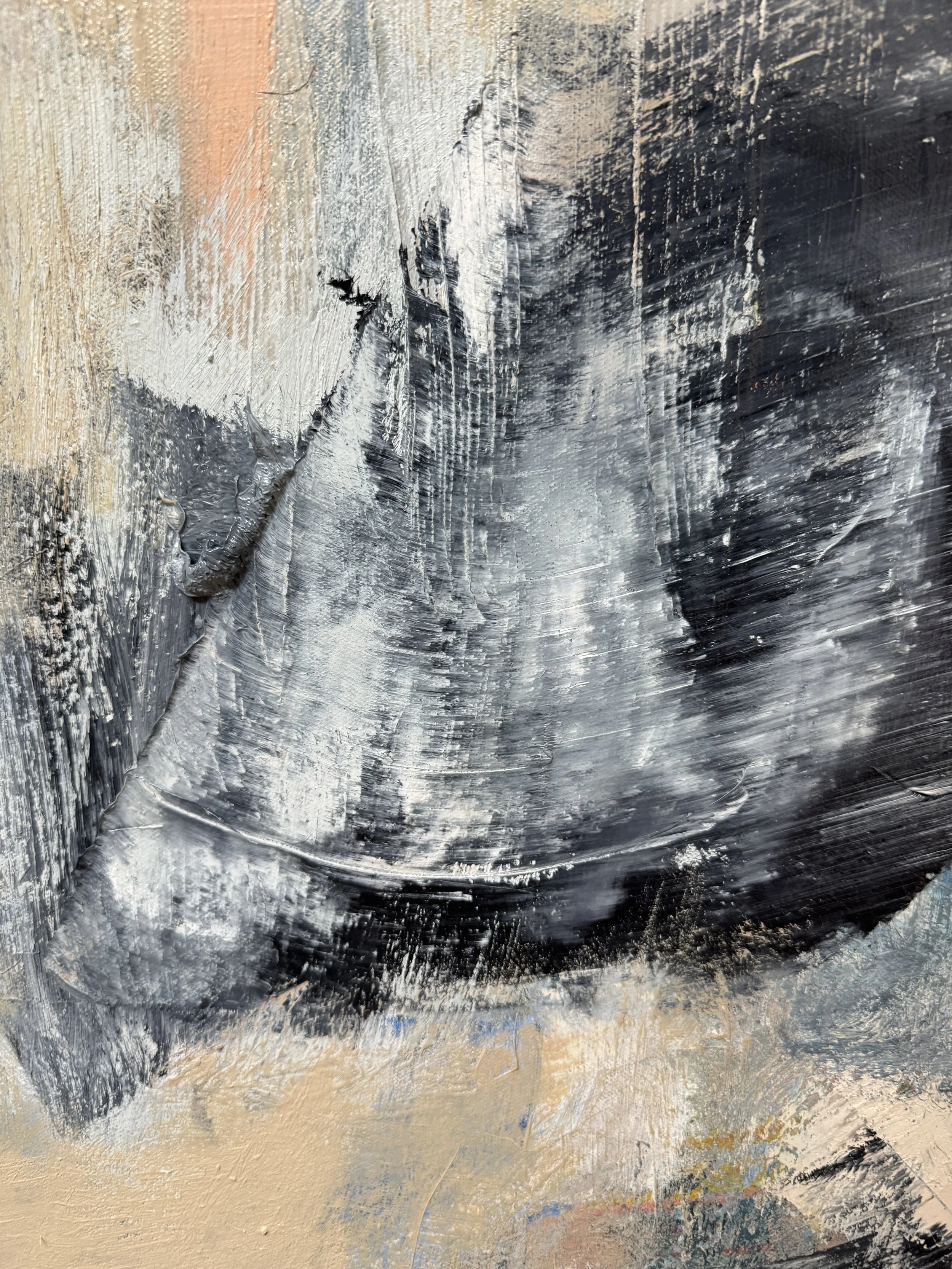 Abstract artwork featuring sweeping black and white strokes over a muted beige base, with hints of peach and blue for contrast and depth.