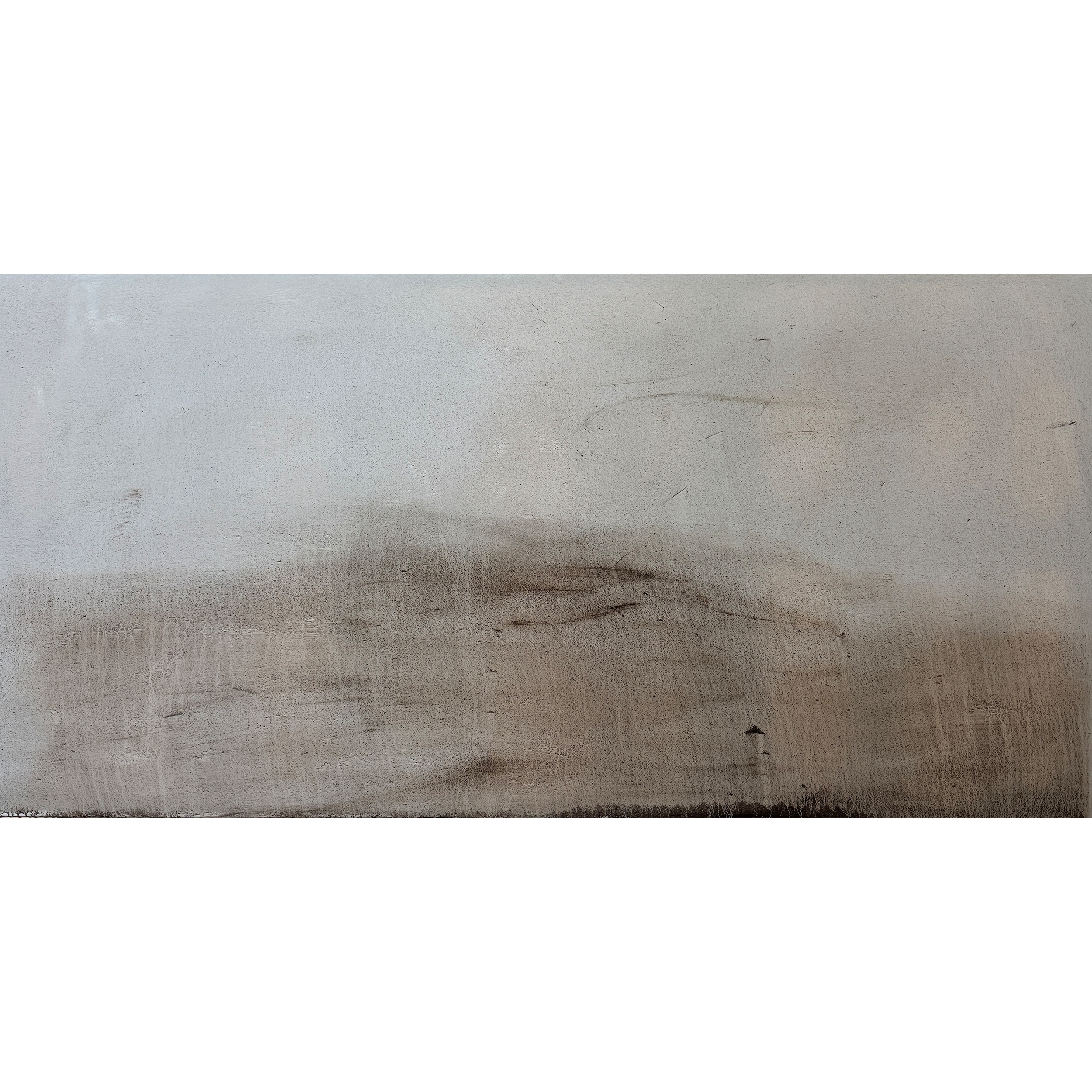 Abstract painting titled “The Space Between,” featuring soft gradients of gray and brown with subtle marks and textured transitions that create a quiet, atmospheric composition.