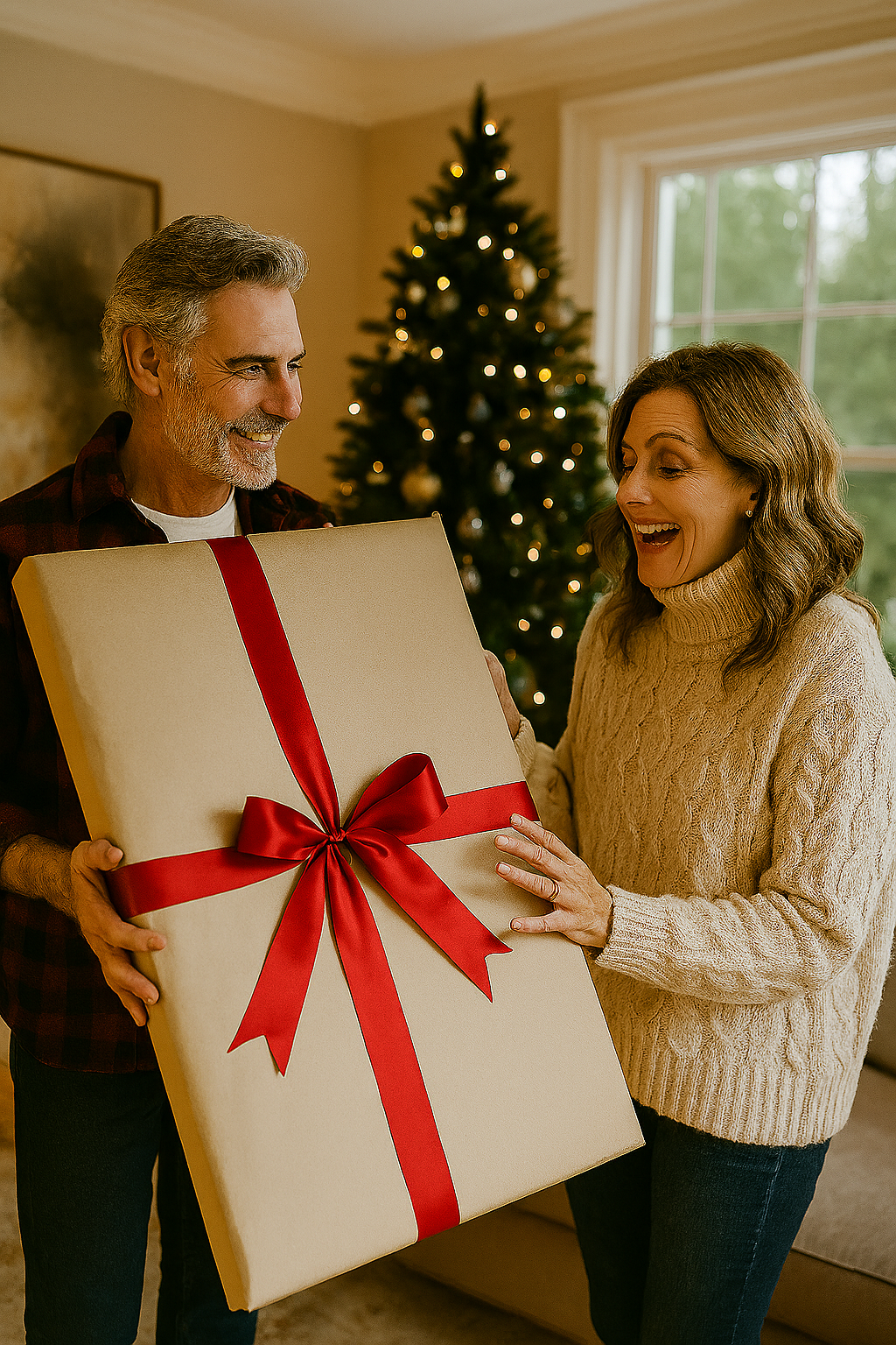 Middle-aged couple exchanging a large, wrapped painting as a Christmas gift in their holiday-decorated living room, with a lit tree and warm, cozy atmosphere.