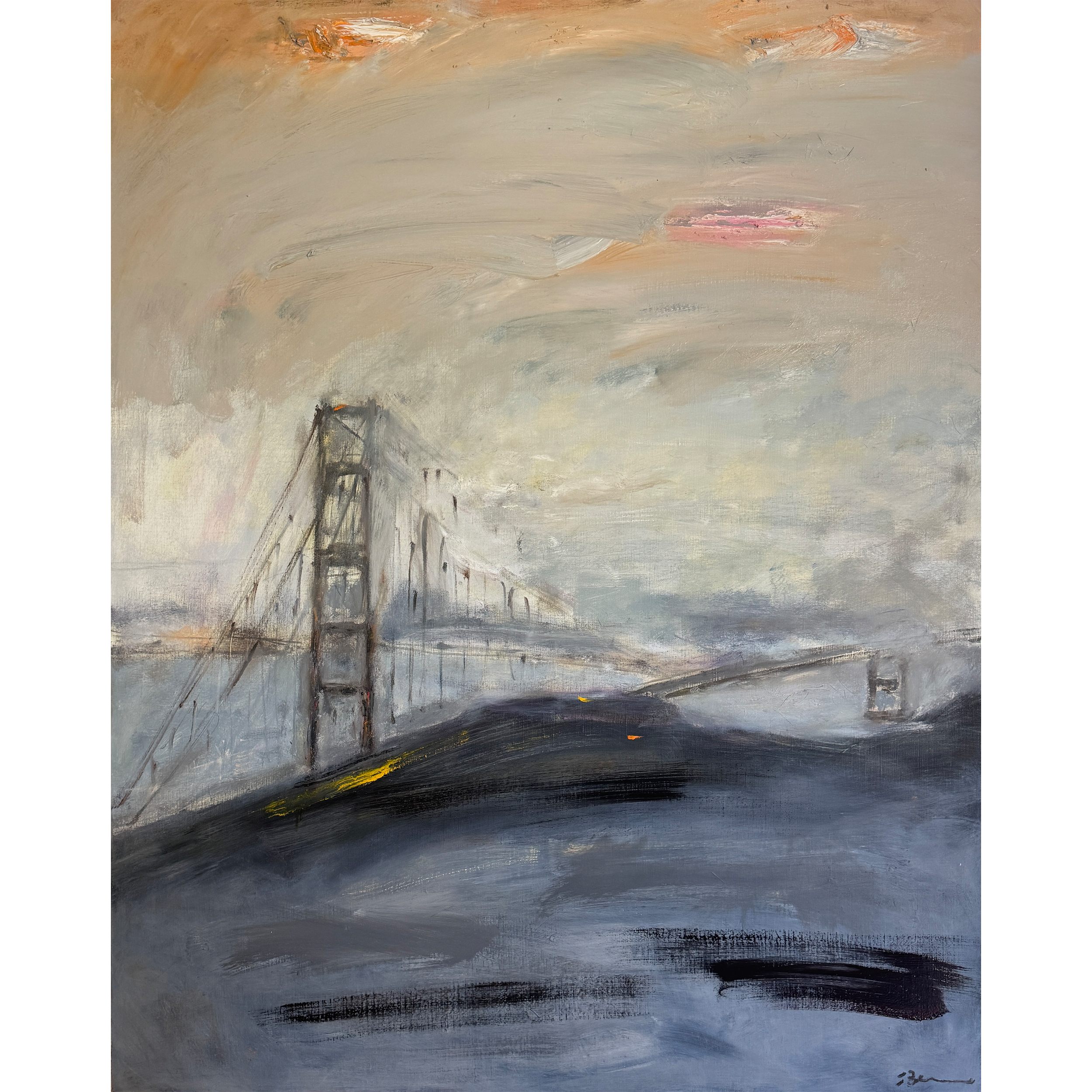 Abstract impressionistic painting of a suspension bridge emerging from fog, with muted blues, grays, and warm light tones.