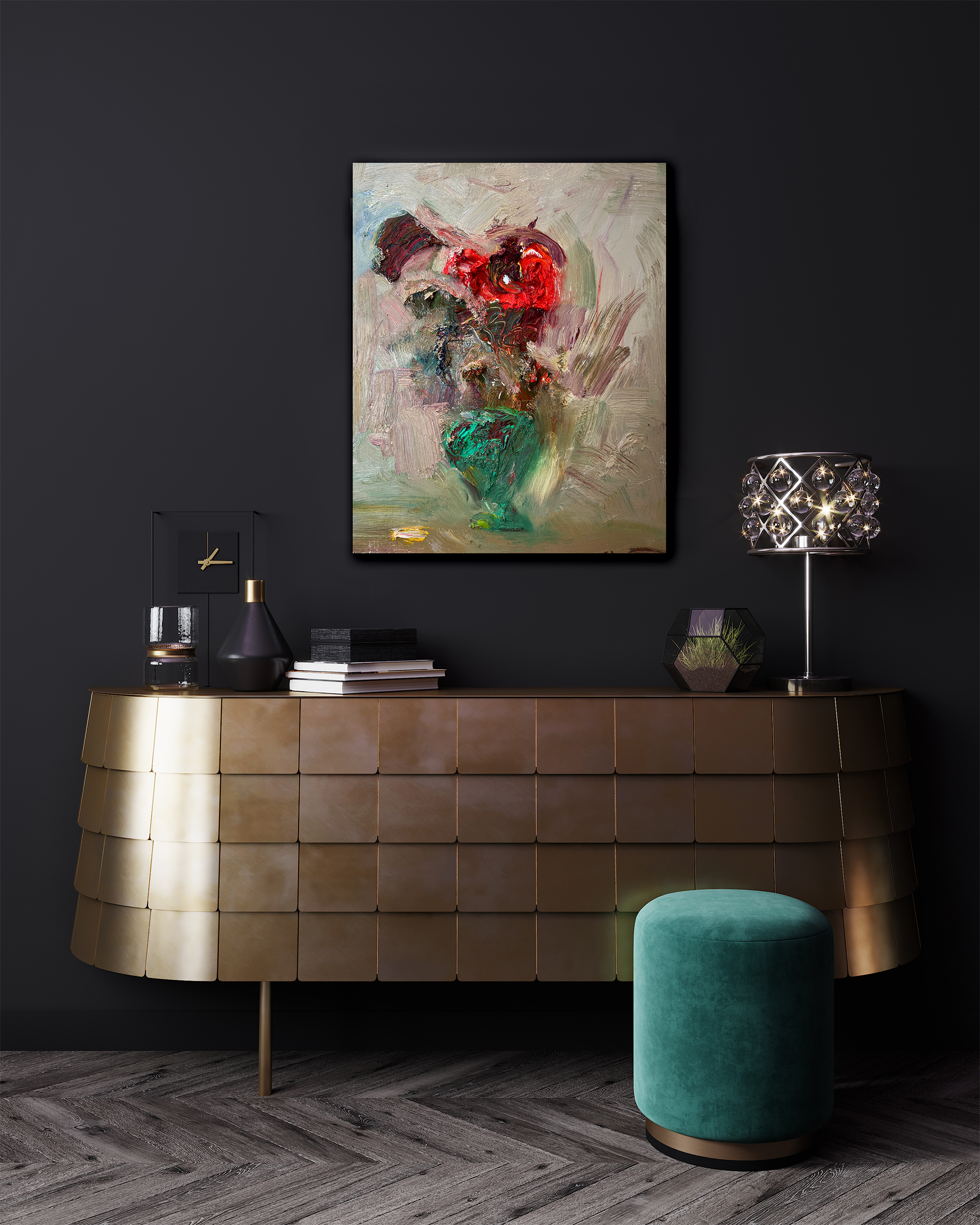Modern interior with bronze console table, abstract floral painting, teal velvet ottoman, and sculptural decor.