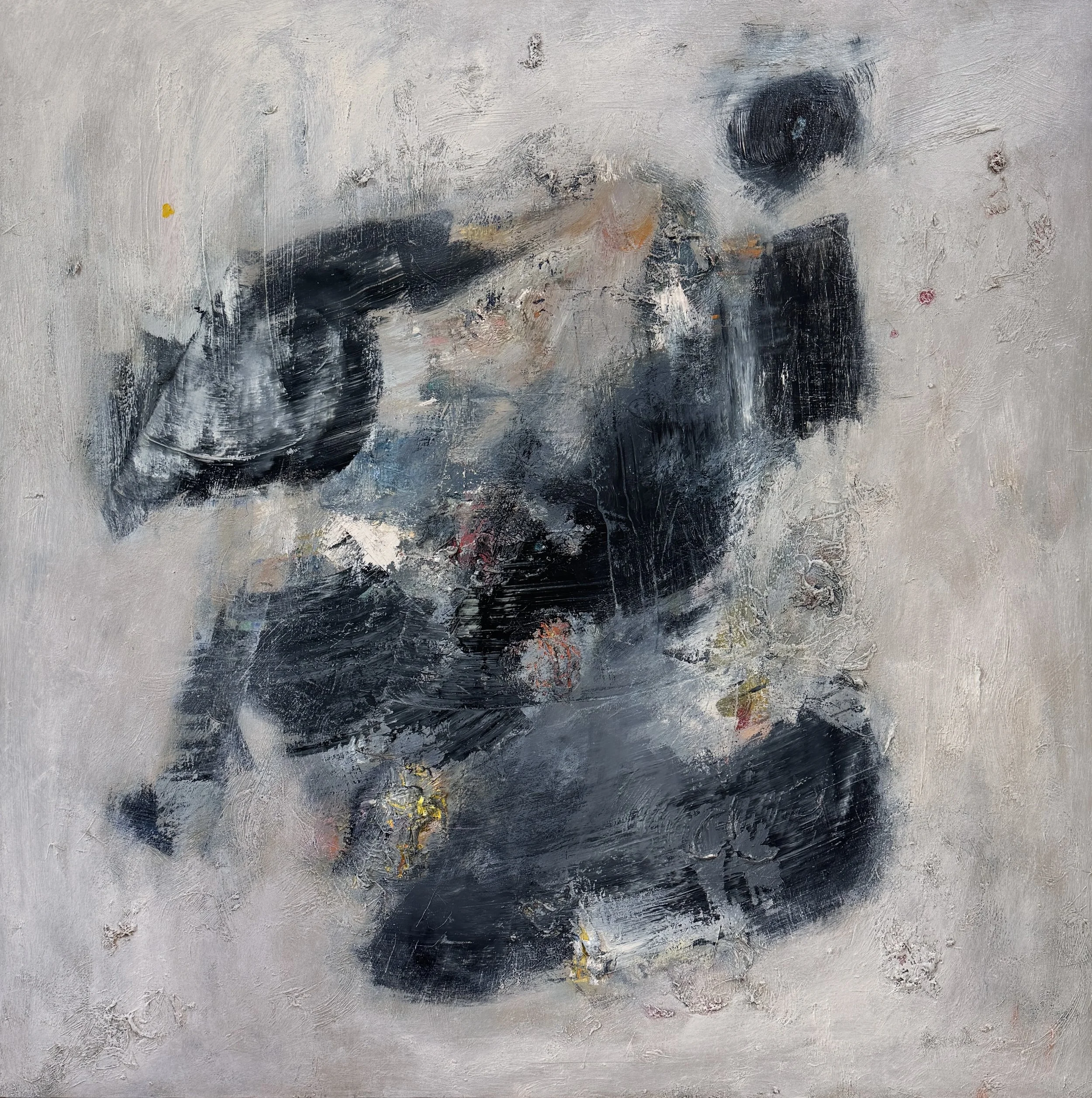 Textured contemporary abstract painting by Bradford Brenner with layered black, gray, and white brushstrokes and subtle yellow and red accents, creating a bold, modern composition.