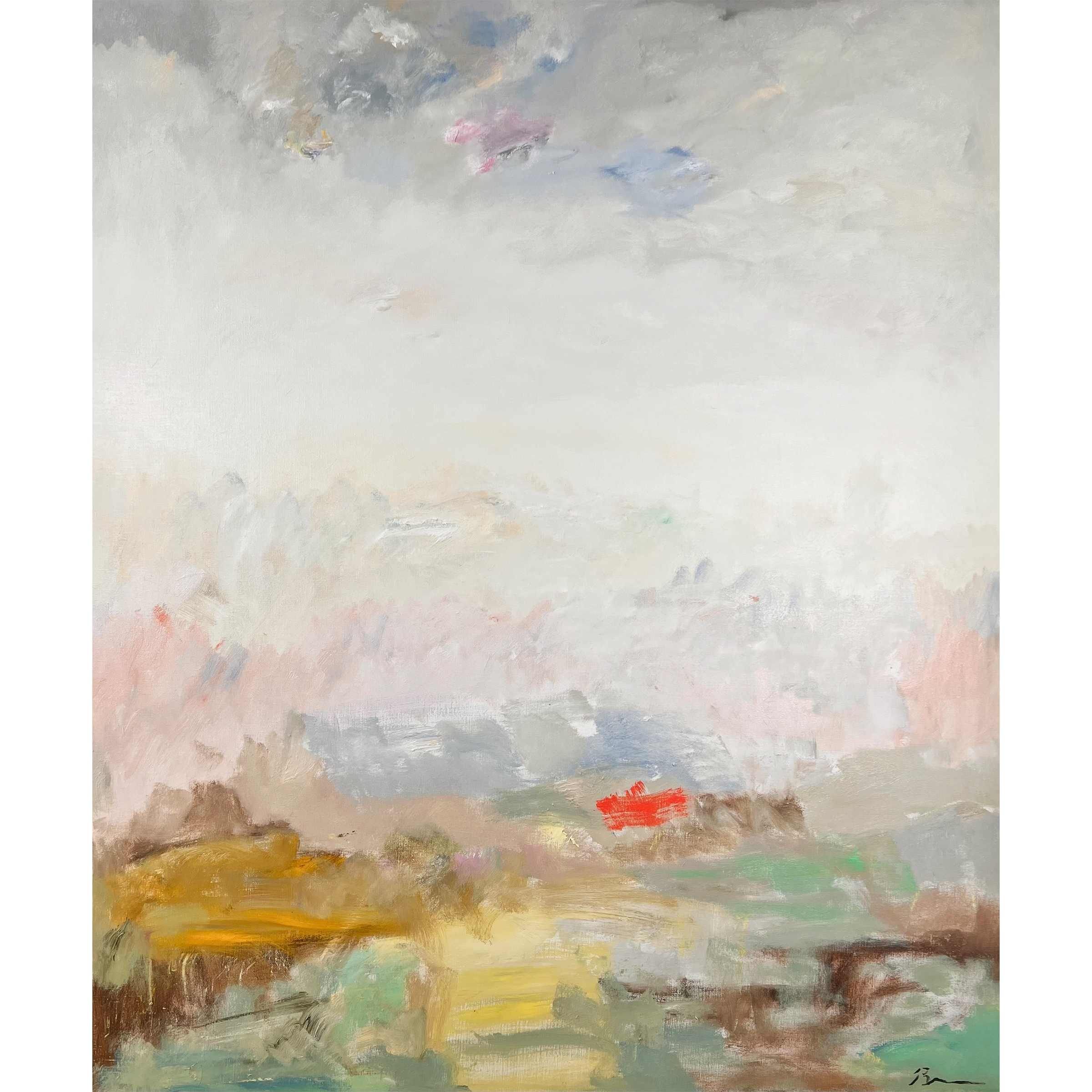 Abstract marshland painting with soft earth tones, misty gray sky, and a bold red accent near the center.