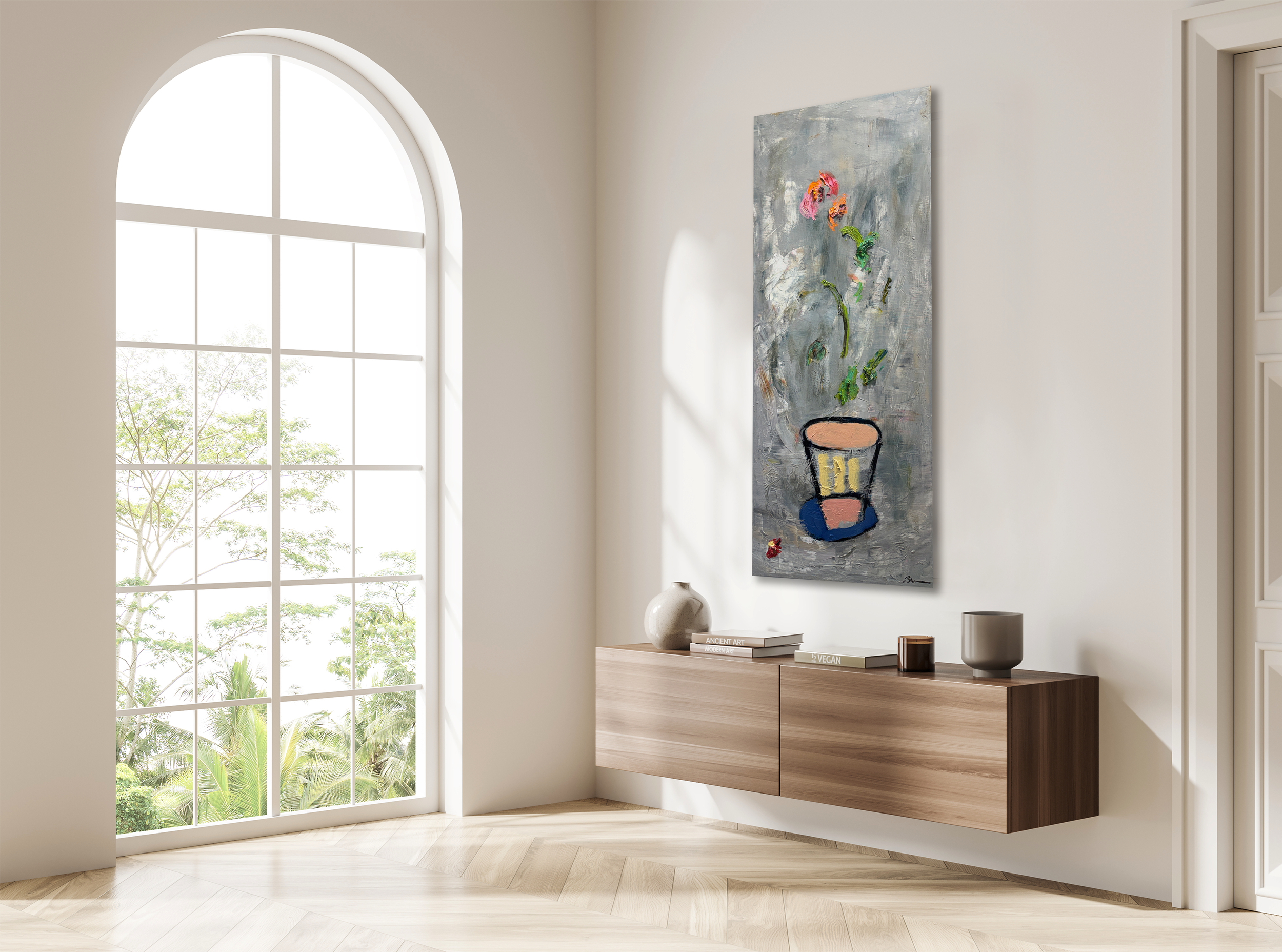 A serene interior with an arched window, floating wood cabinet, and a tall abstract floral painting in soft muted tones.