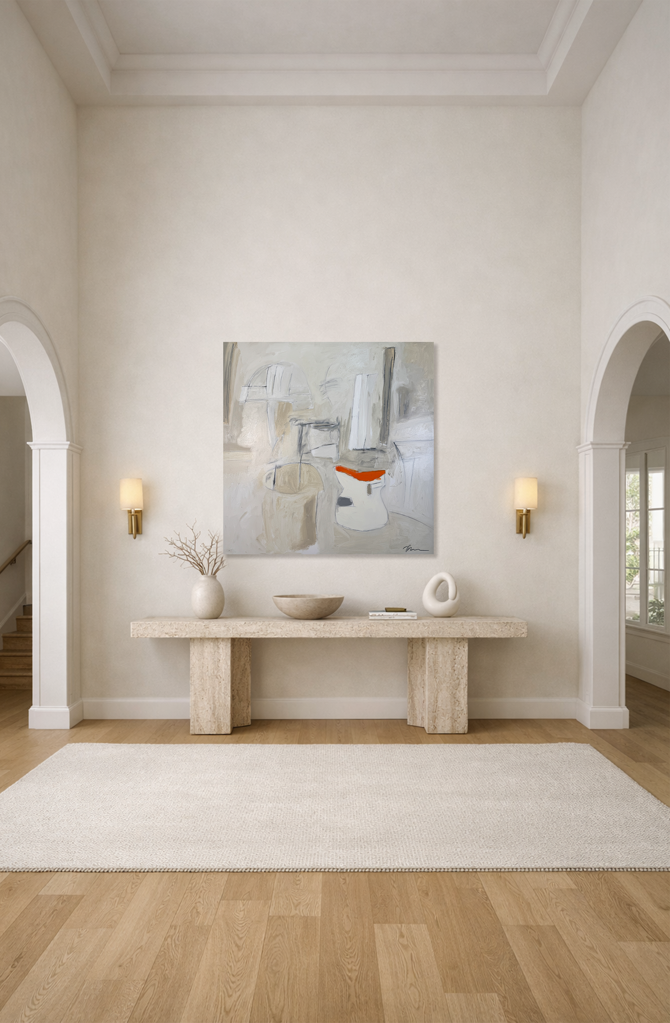 Neutral modern room with a stone console table and a large abstract painting in soft gray, beige, and white tones with a small orange accent.