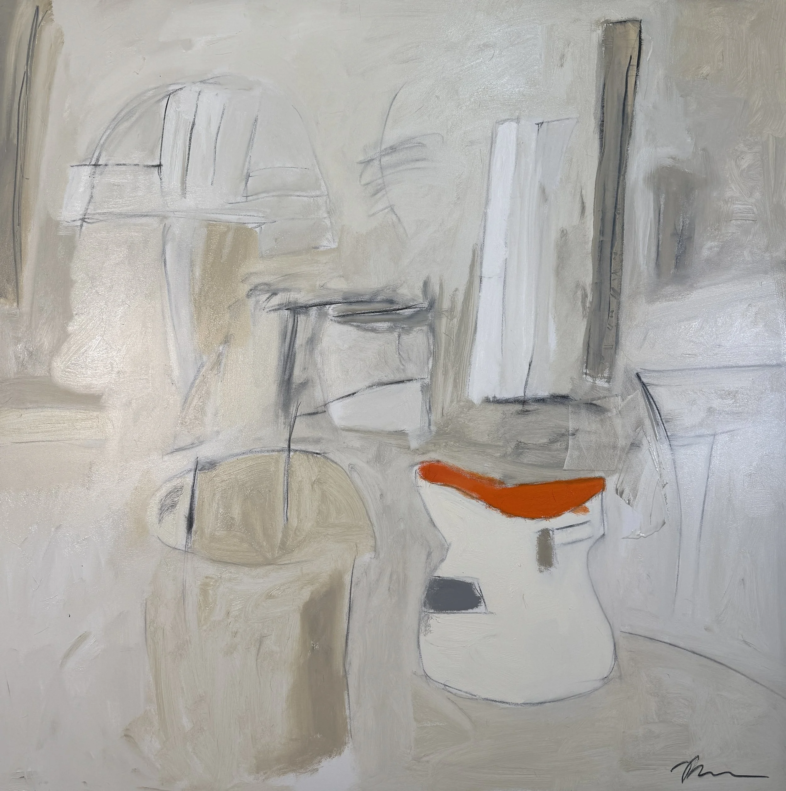 Neutral abstract painting by Bradford Brenner with layered beige and gray fields, loose black linework, and a bold orange accent.