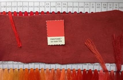 Choosing the thread to compliment the organic cotton Marsala