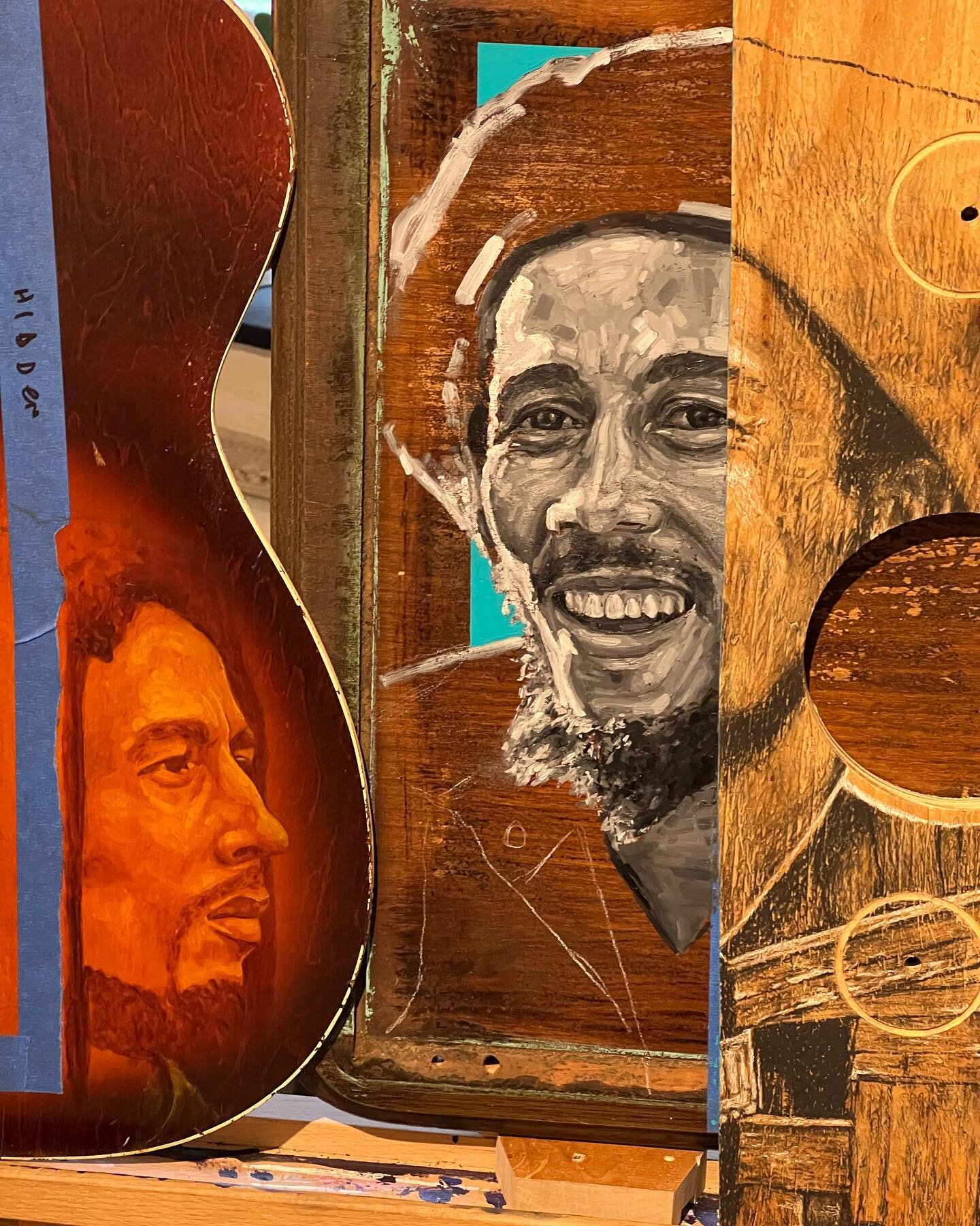 pieces of bob are coming together&hellip; slow and steady. #bobmarley #oilpaint #charcoal #guitar #art #artist #painting #assemblage #portrait #mixedmedia #pattern #vintage #wood #recycledart #collage #rochester